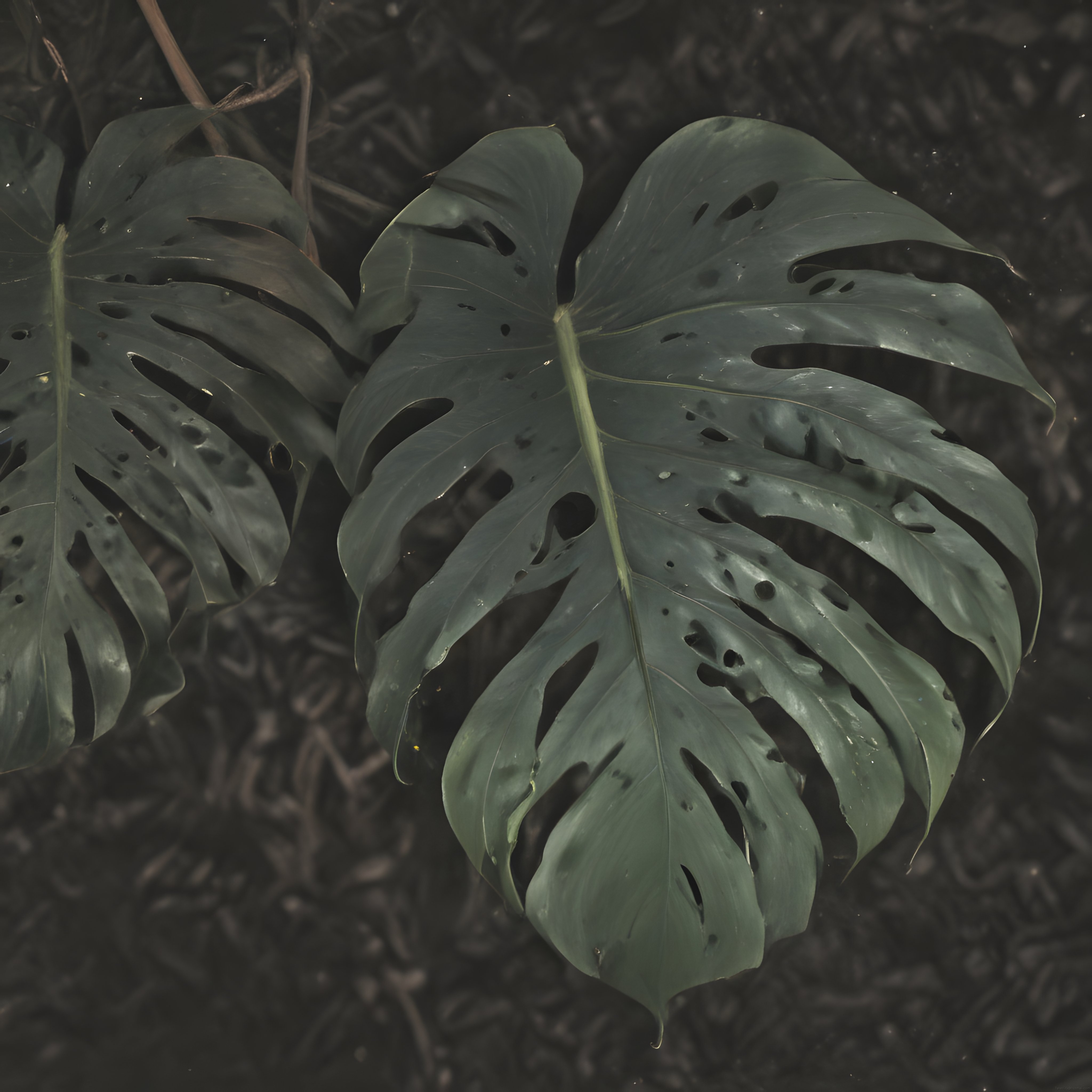 Loş Tropikal Orman Atmosferinde Gizemli Monstera Yapraklarının Yakın Planı