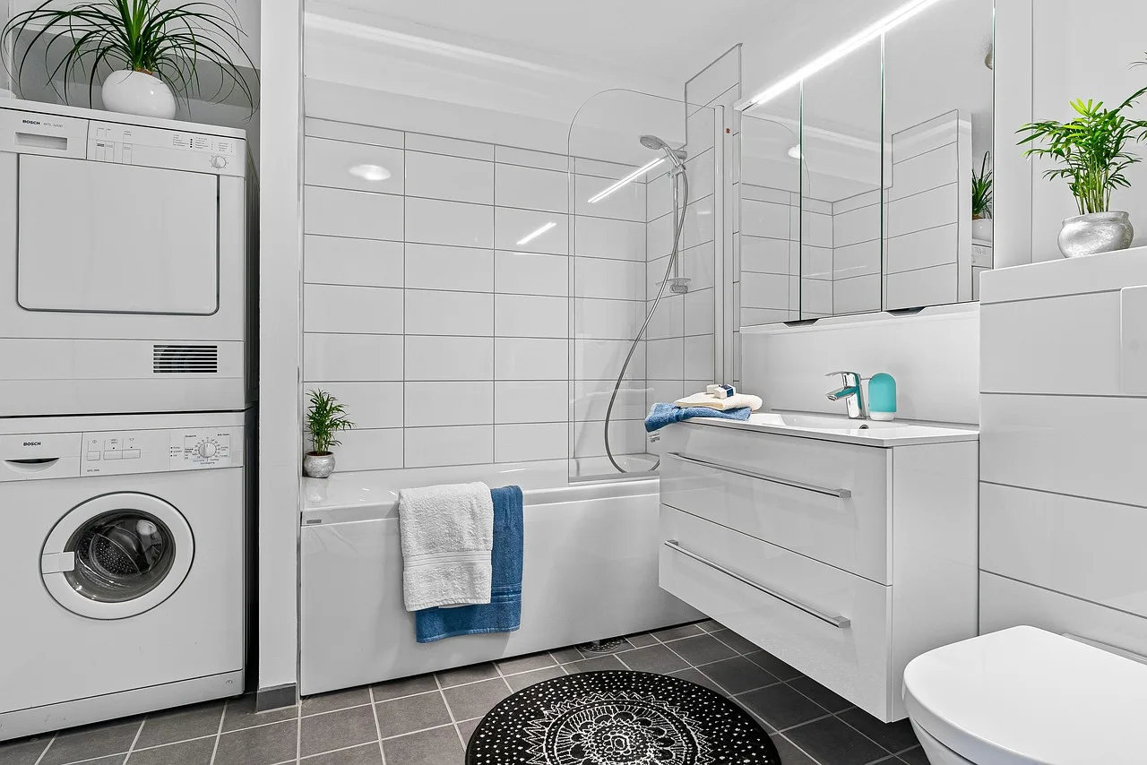 Lüks banyo iç mekanı - ahşap detaylar ve bitki