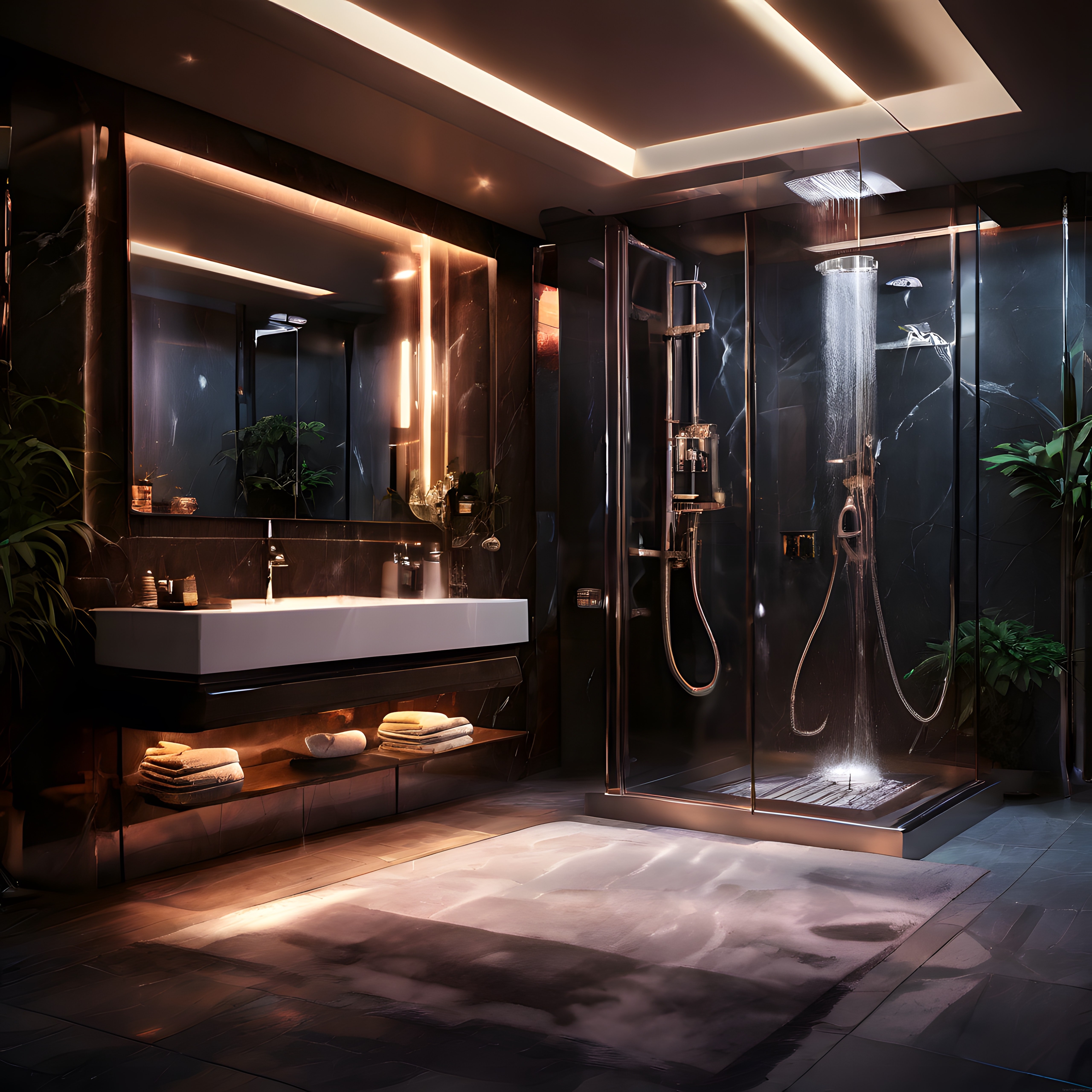Lüks banyo tasarımı: karanlık tonlarda modern duşakabin ve şık aydınlatma