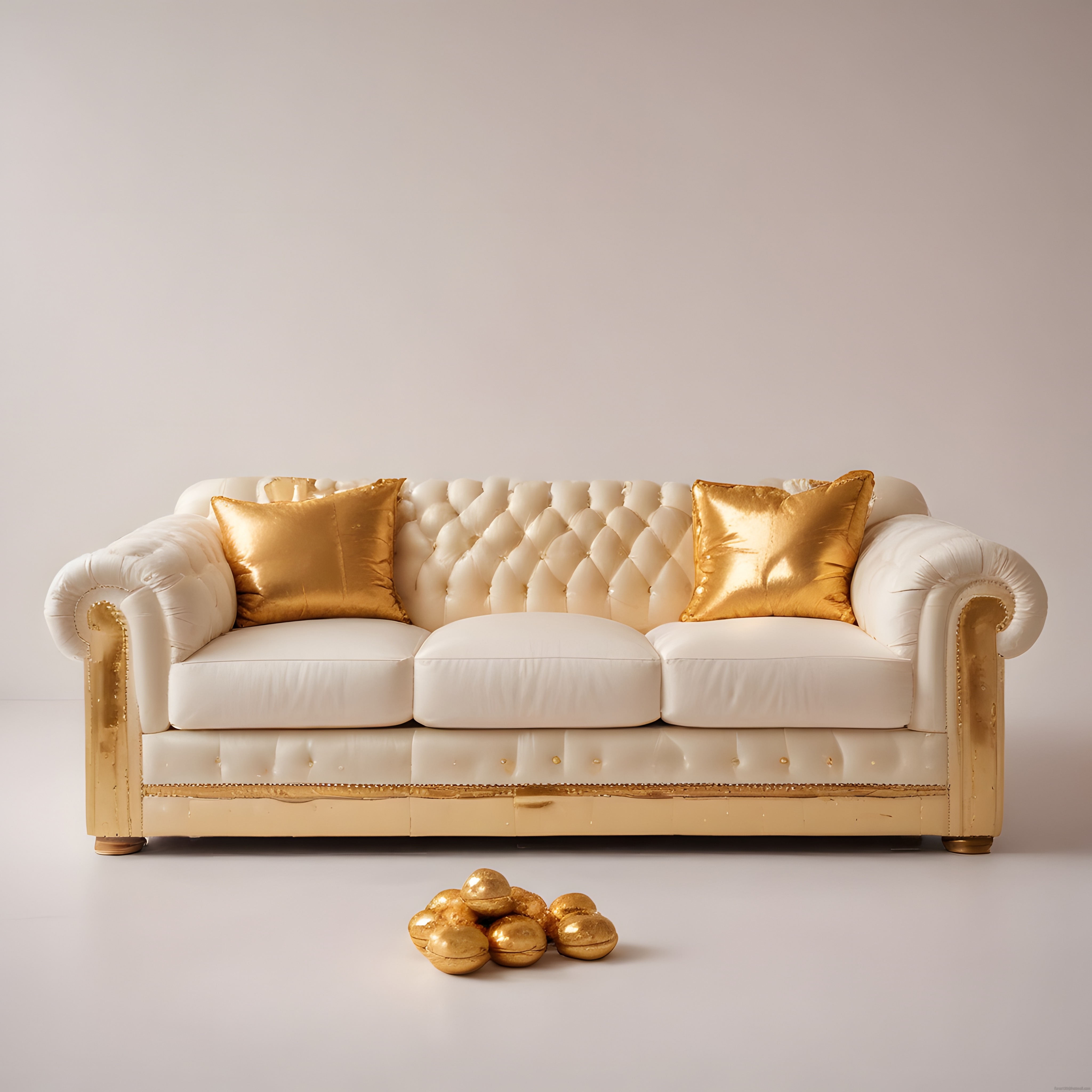 Lüks Beyaz Chesterfield Kanepe Altın Yastıklar ve Detaylarla Oda Dekoru