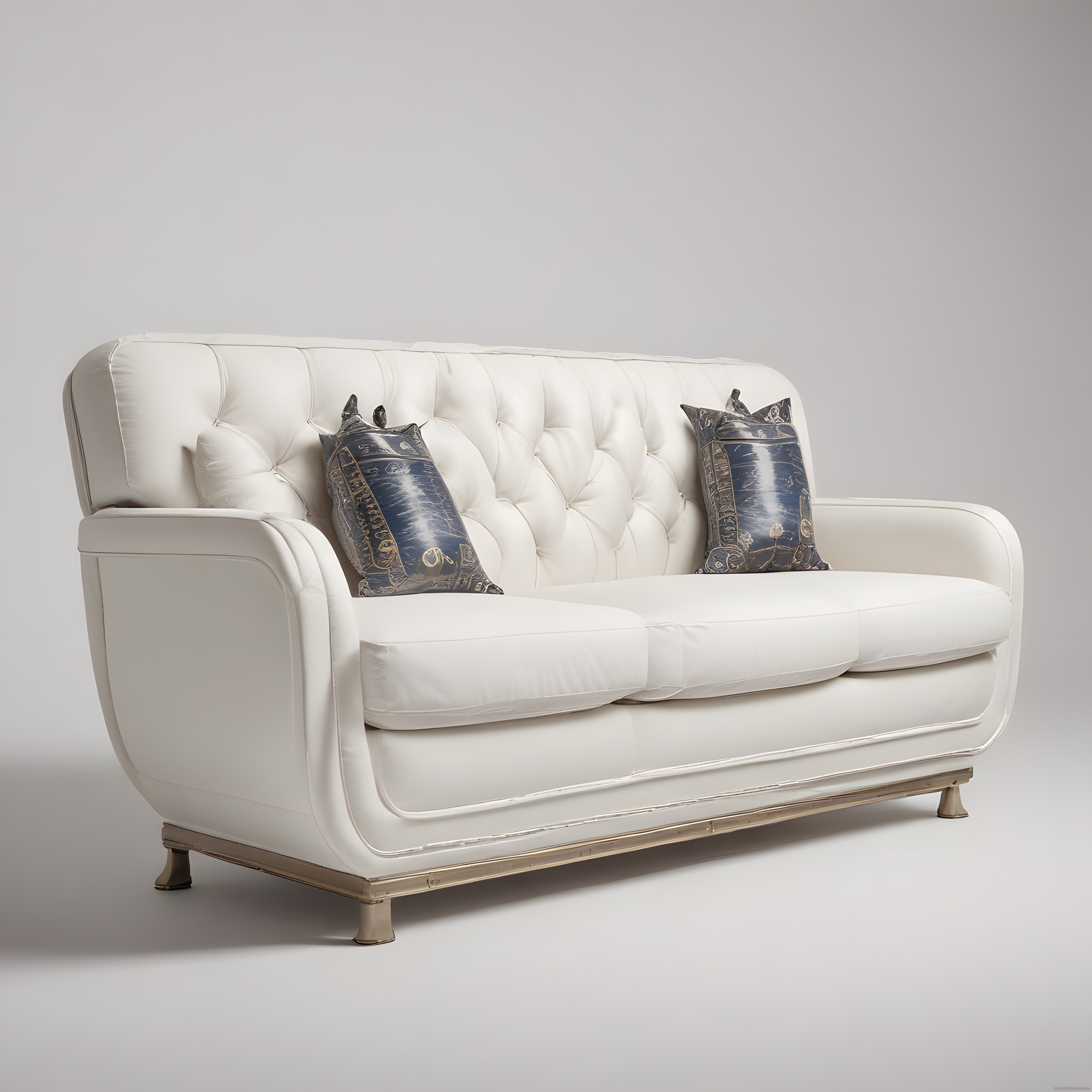 Lüks Beyaz Deri Chesterfield Kanepe ile Vintage Mavi Dekoratif Yastıklar