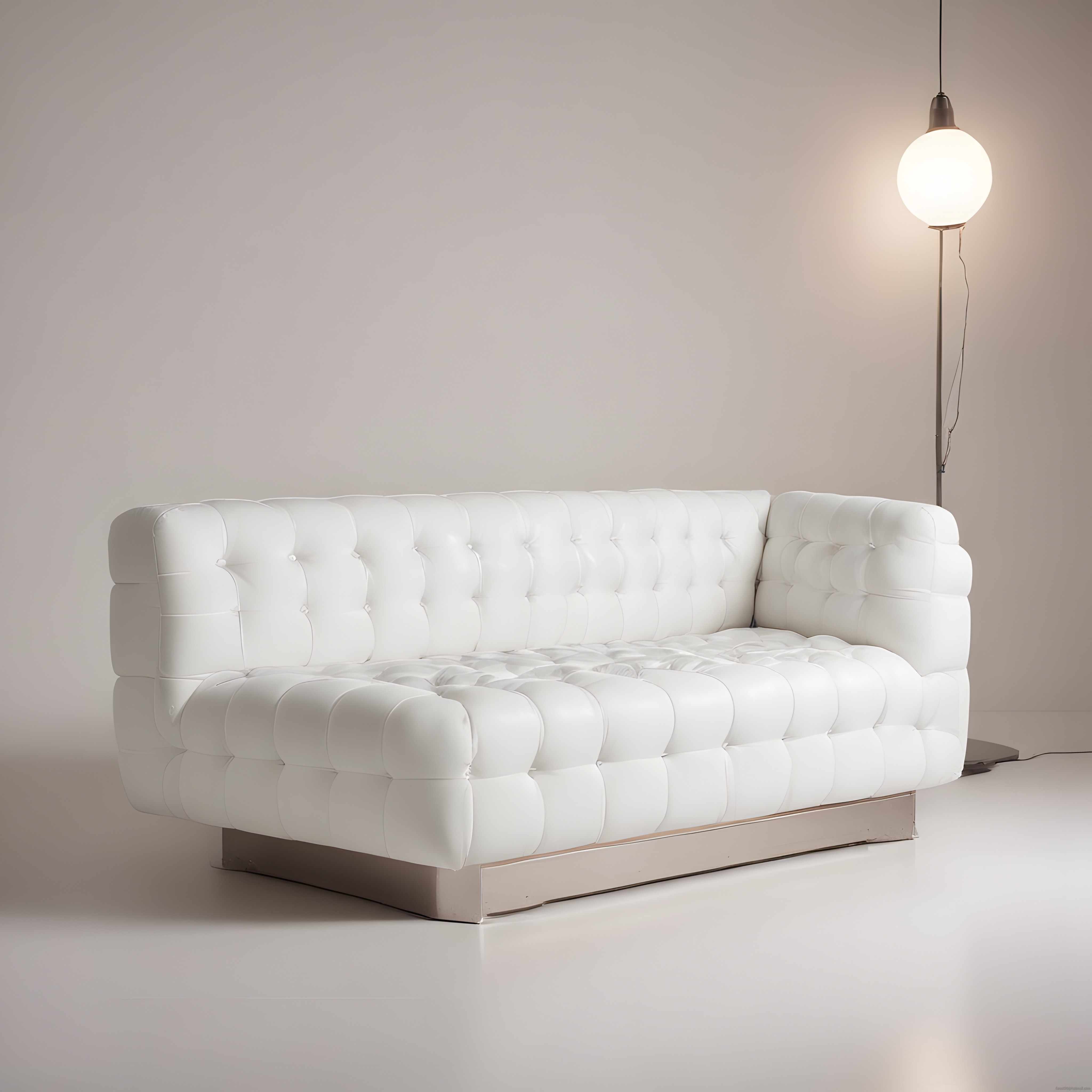 Lüks Beyaz Deri Kapitone Kanepe ile Minimalist ve Modern Salon Dekorasyonu
