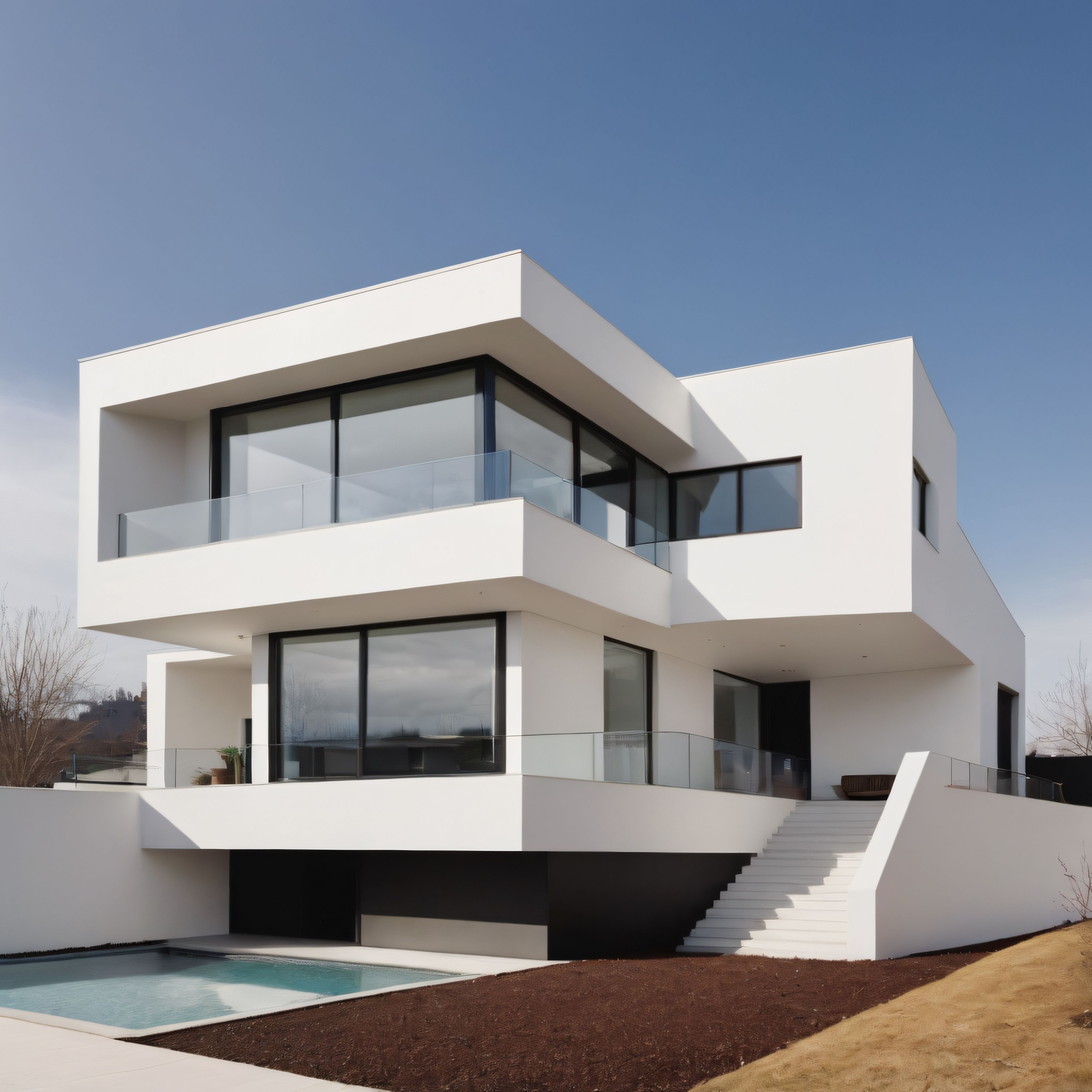 Lüks Beyaz Minimalist Villa: Geometrik Çizgiler ve Cam Korkuluk Detayları