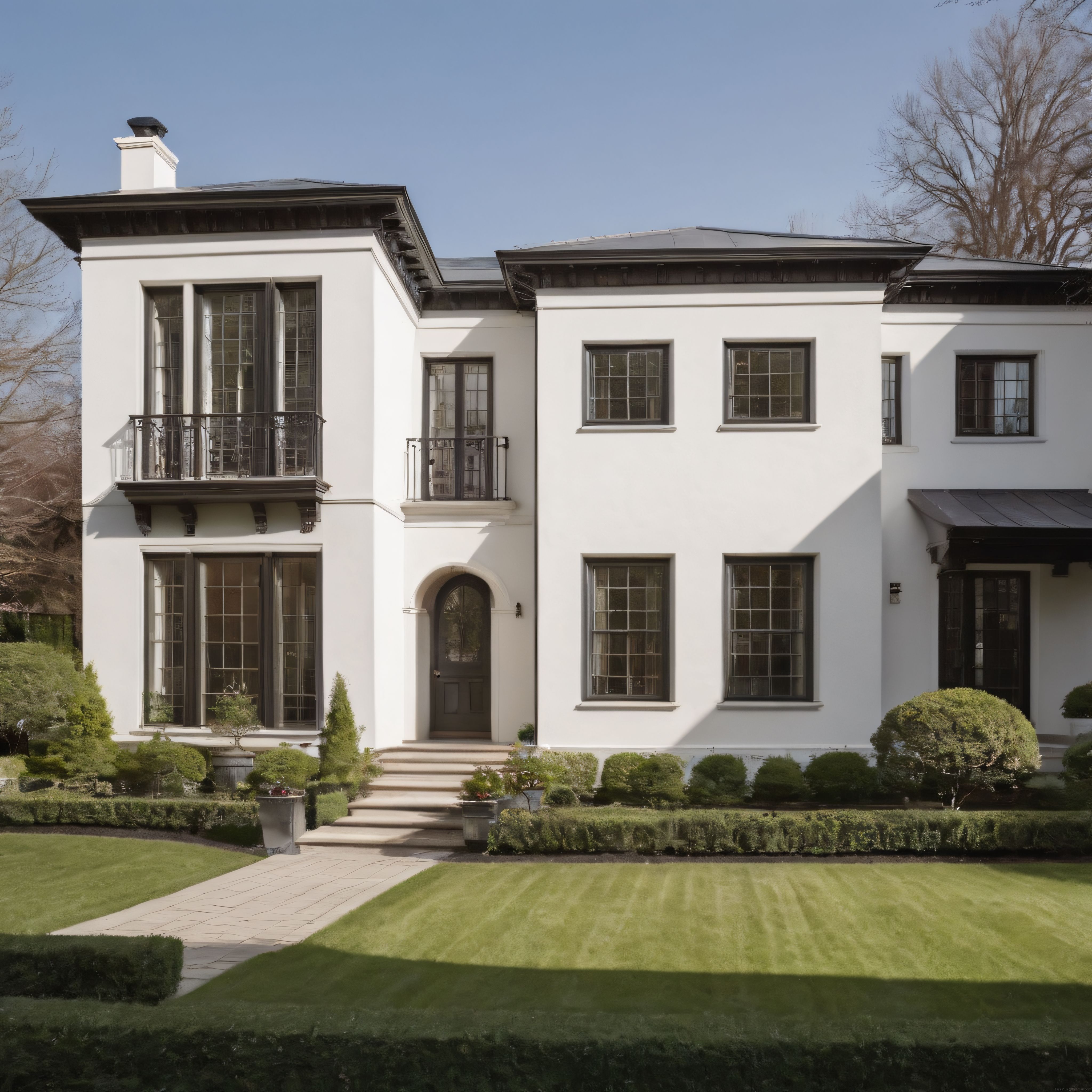 Lüks Beyaz Villa Cephesi ve Düzenli Bahçe ile Modern Konut Görünümü