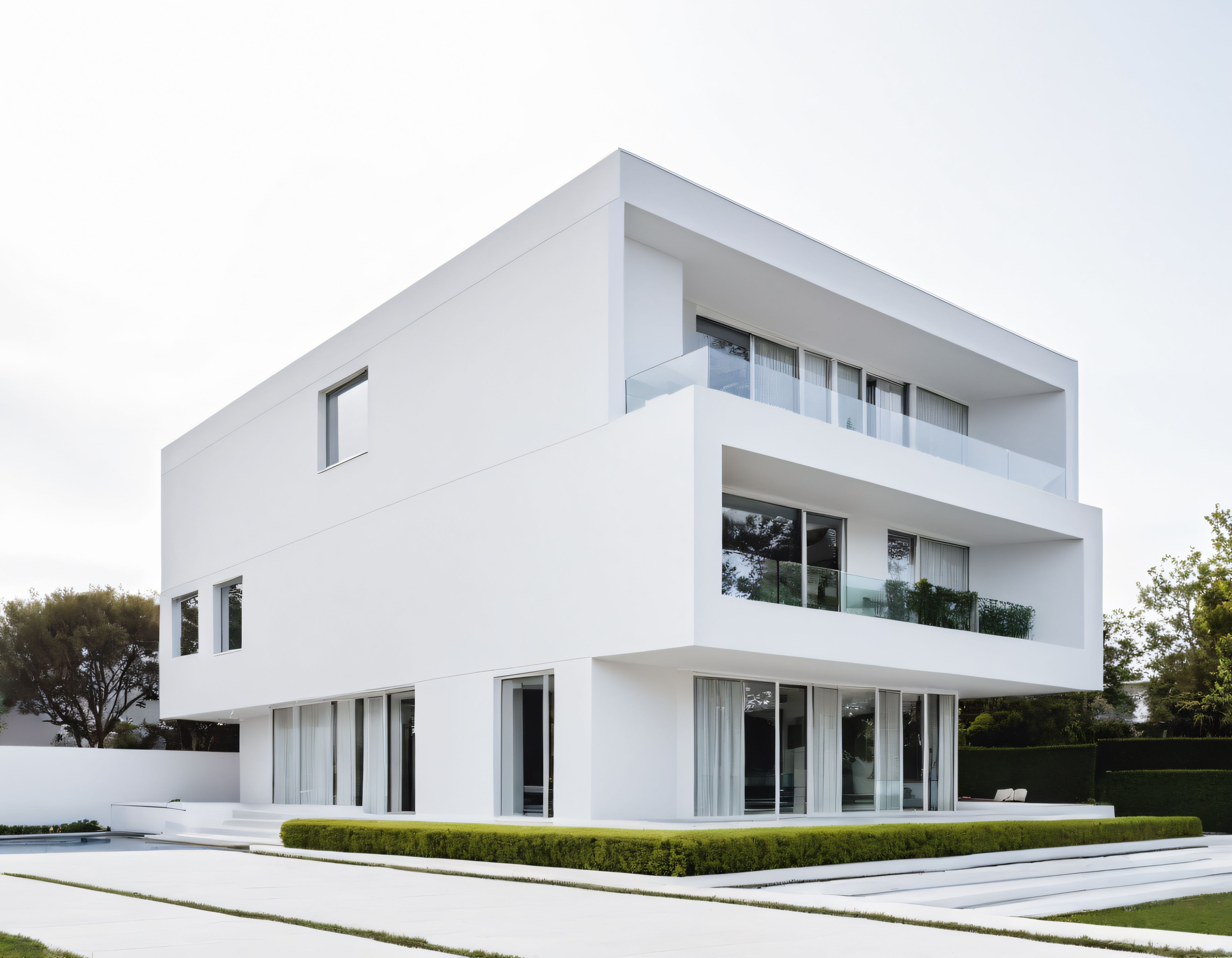 Lüks Beyaz Villa ve Cam Detaylı Modern Mimari Dış Cephe Tasarımı
