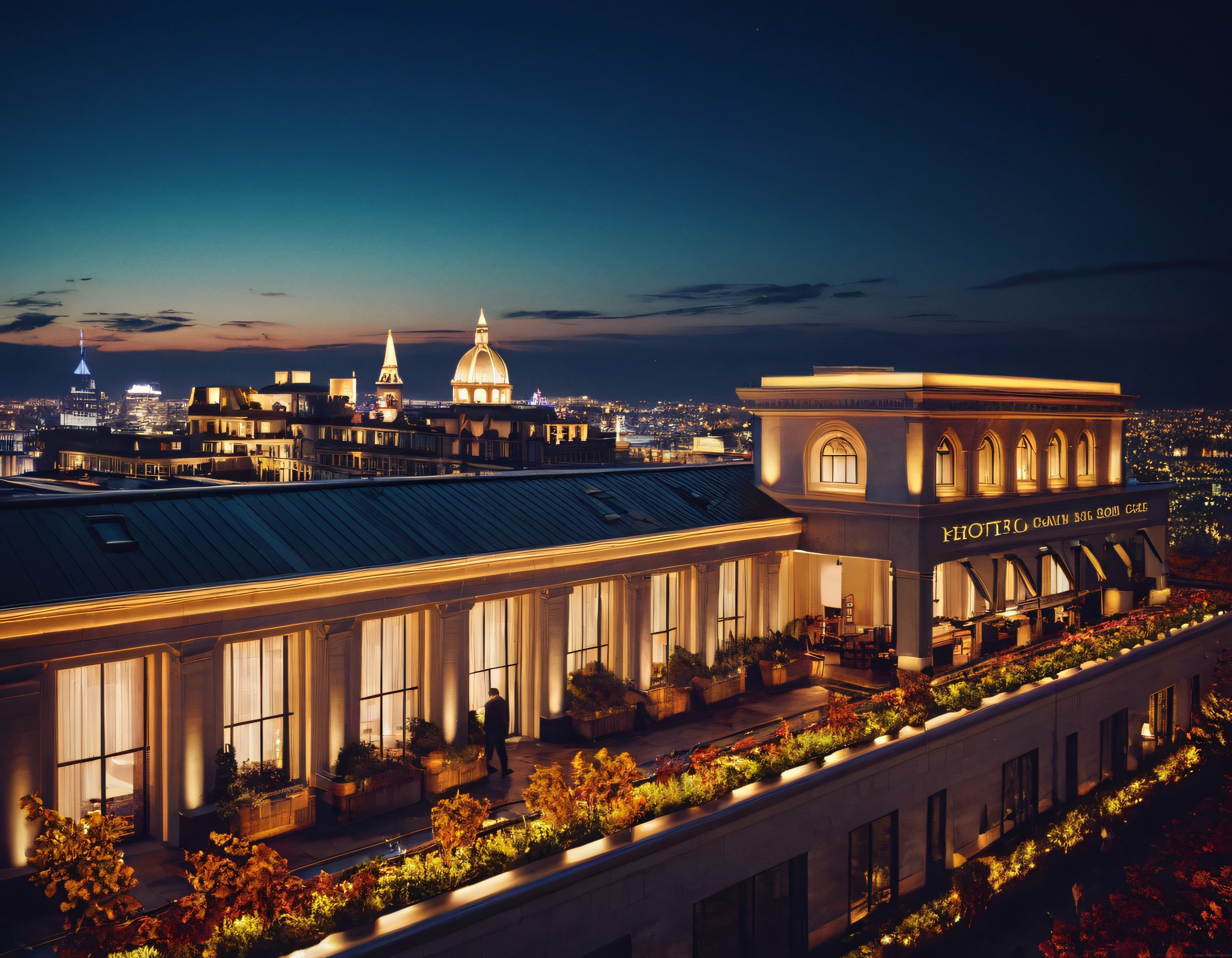 Lüks Bir Otel Çatısında Şehir Panoramalı Gece Manzarası ve Teras Işıkları