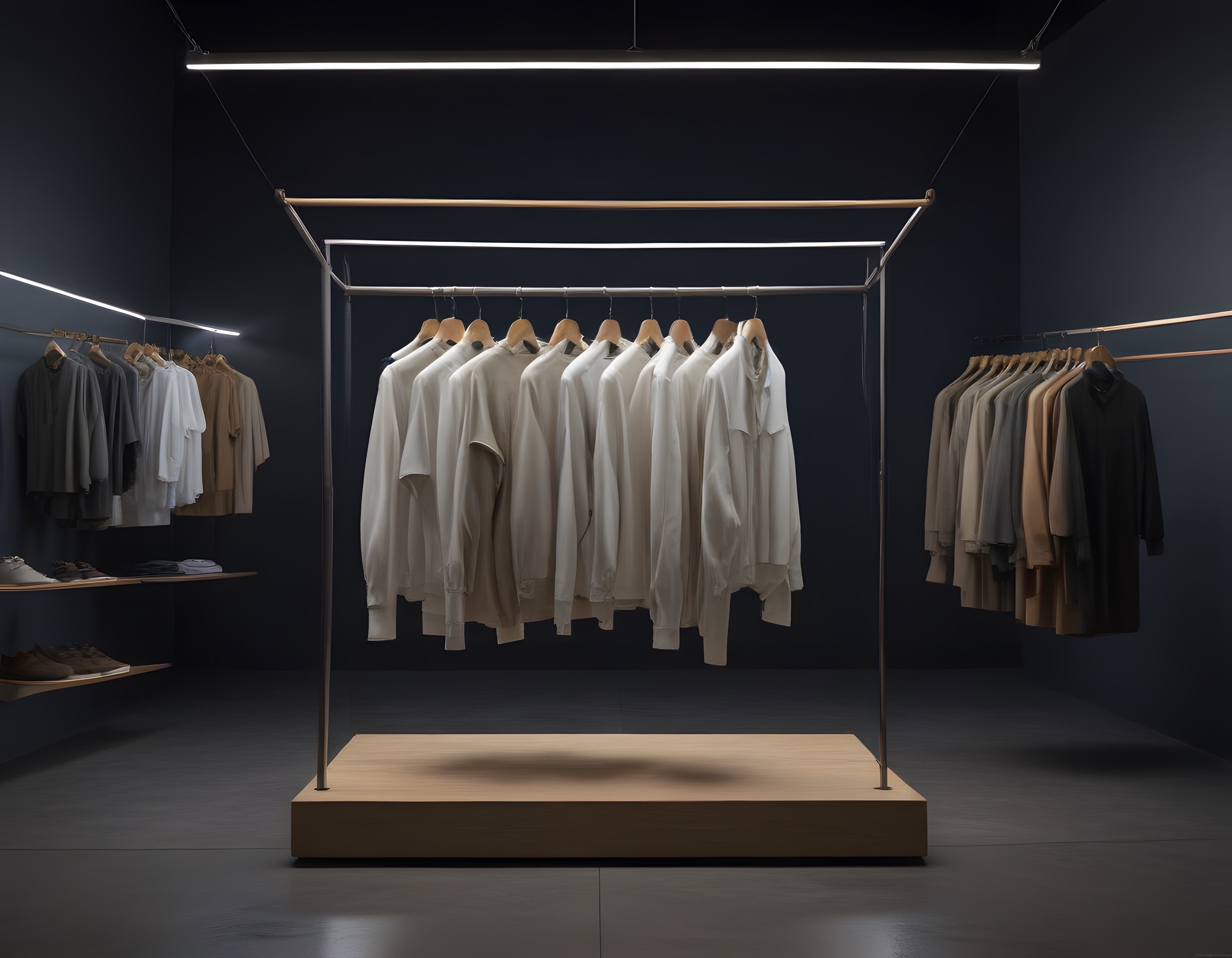 Lüks Butik Mağazada Modern Aydınlatmalı Minimalist Giyim Koleksiyonu