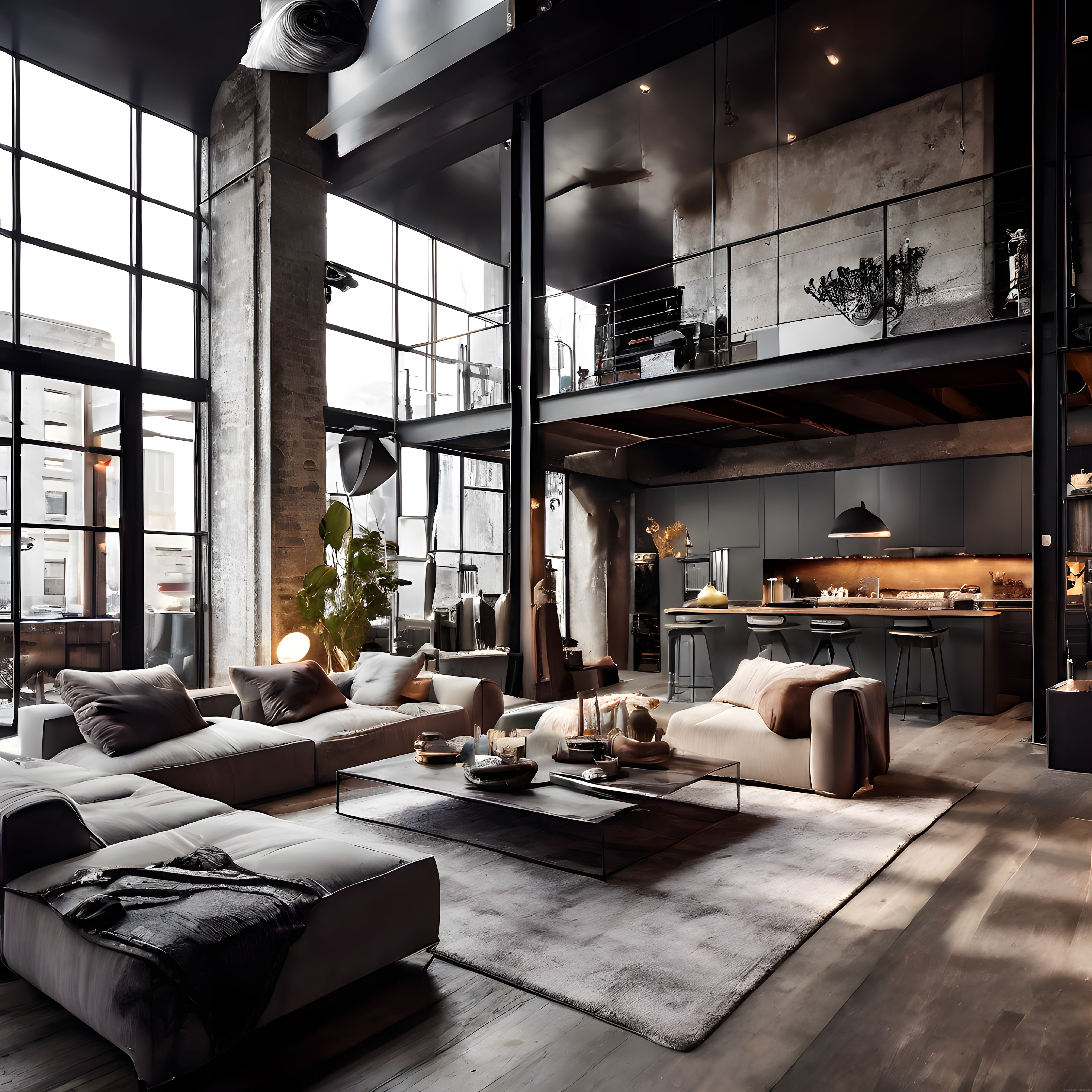 Lüks Endüstriyel Loft Salon Oturma Odası ve Mutfak Dekorasyonu