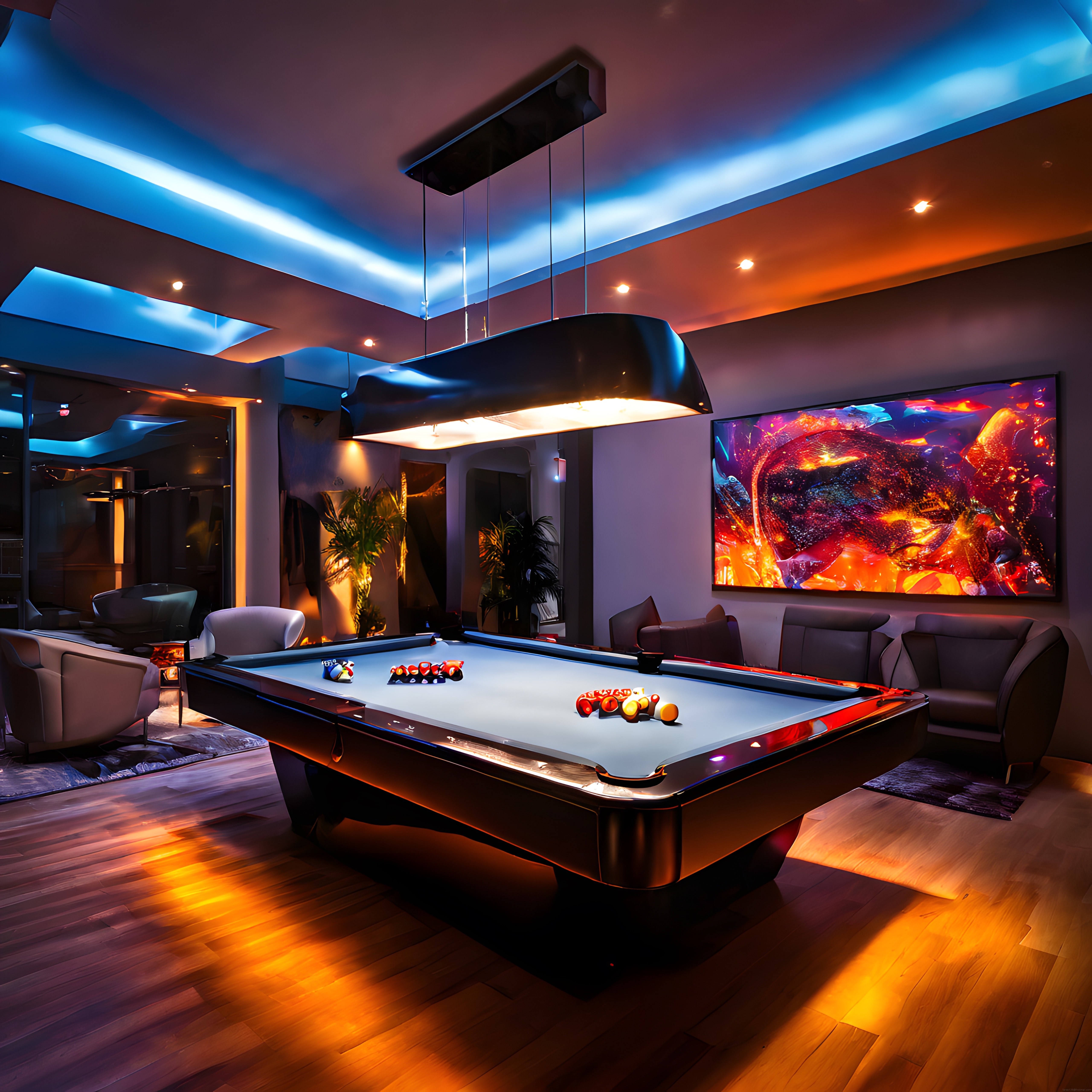 Lüks Ev Eğlence Odası: Modern Bilardo Masası ve Renkli Aydınlatma