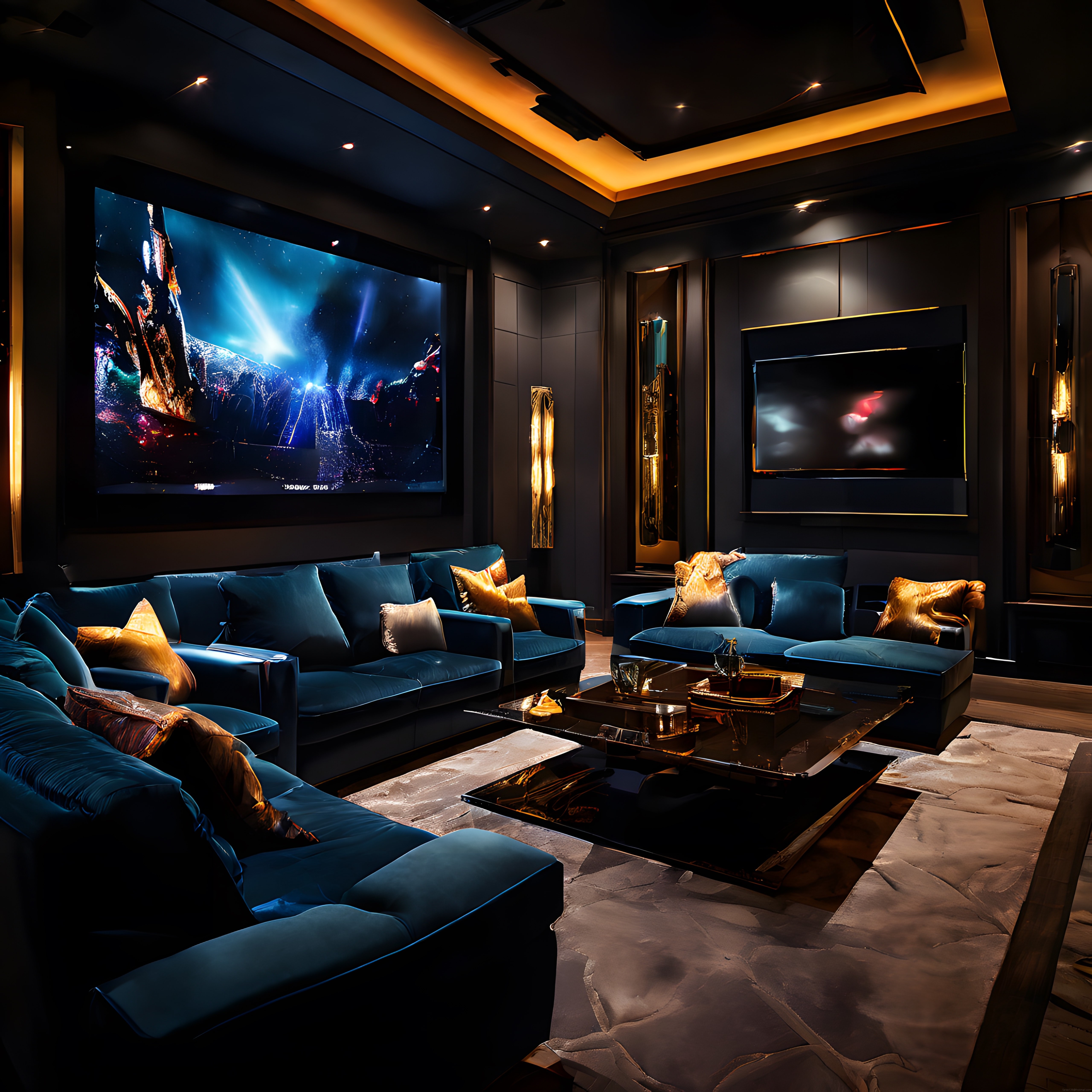 Lüks Ev Sinema Odası: Mavi Kadife Koltuklar ve Modern Sinema Atmosferi