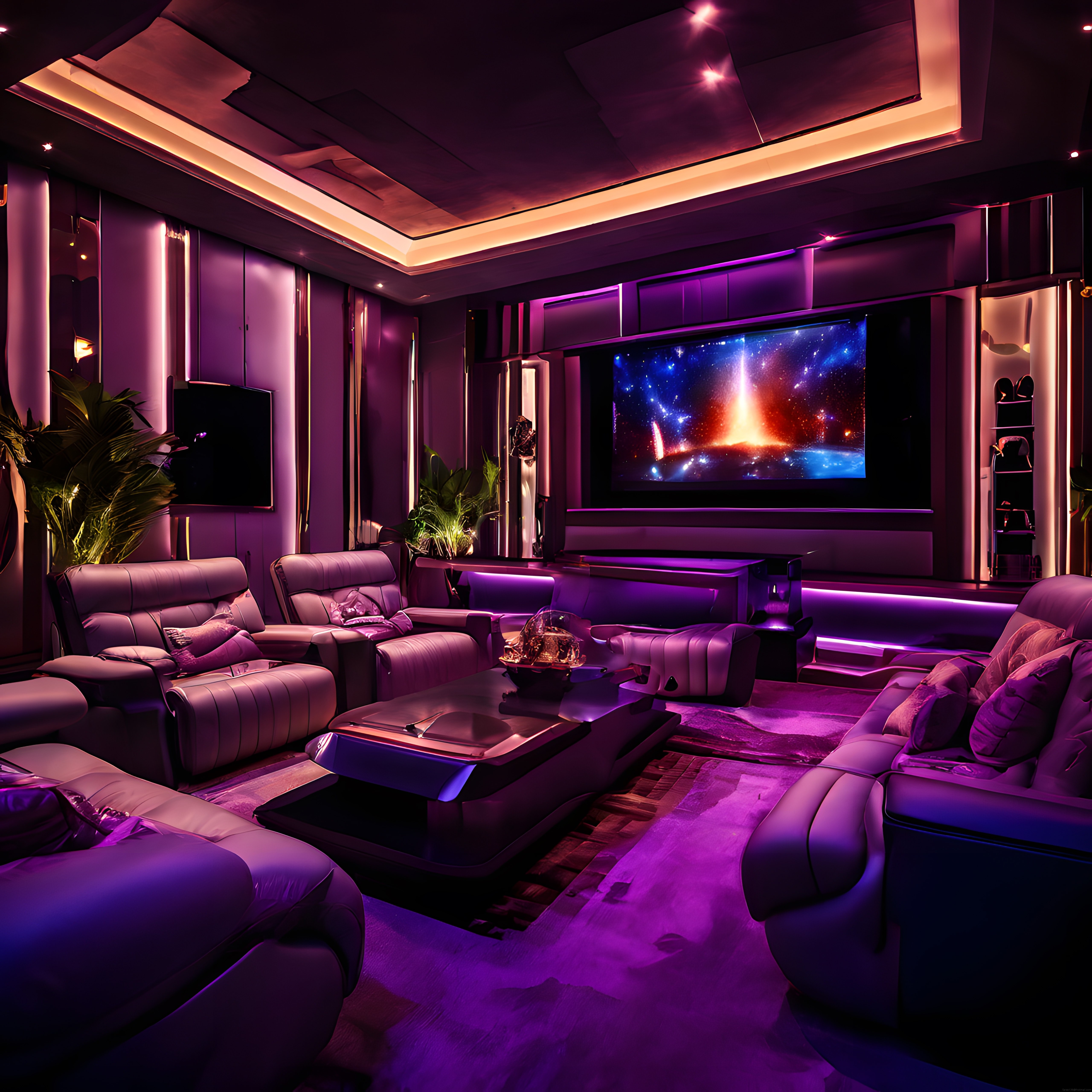 Lüks Ev Sinema Odası: Mor Neon Işıklarla Modern ve Konforlu Eğlence Alanı