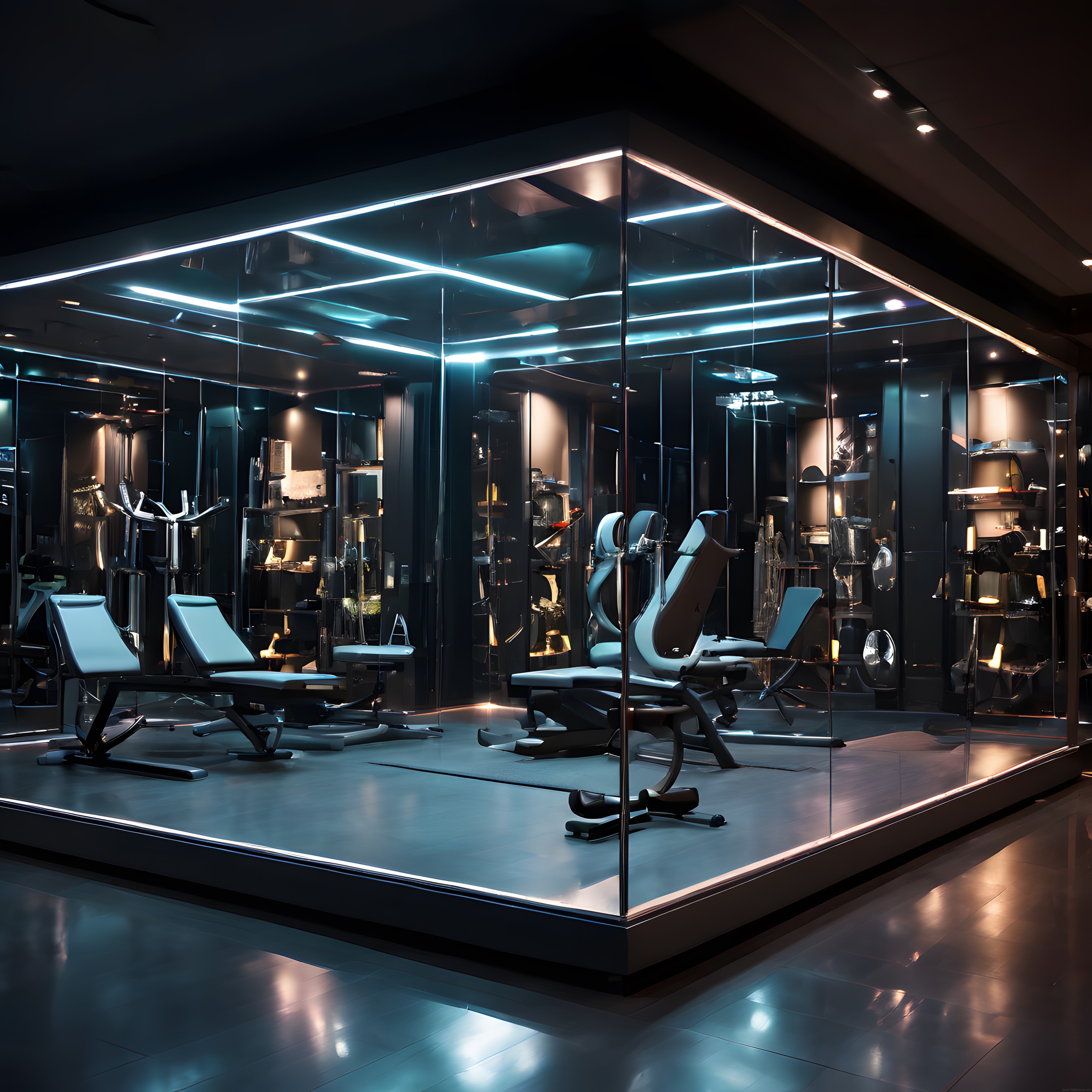 Lüks Fitness Merkezi İçi: Modern Spor Ekipmanları ve Neon Aydınlatma