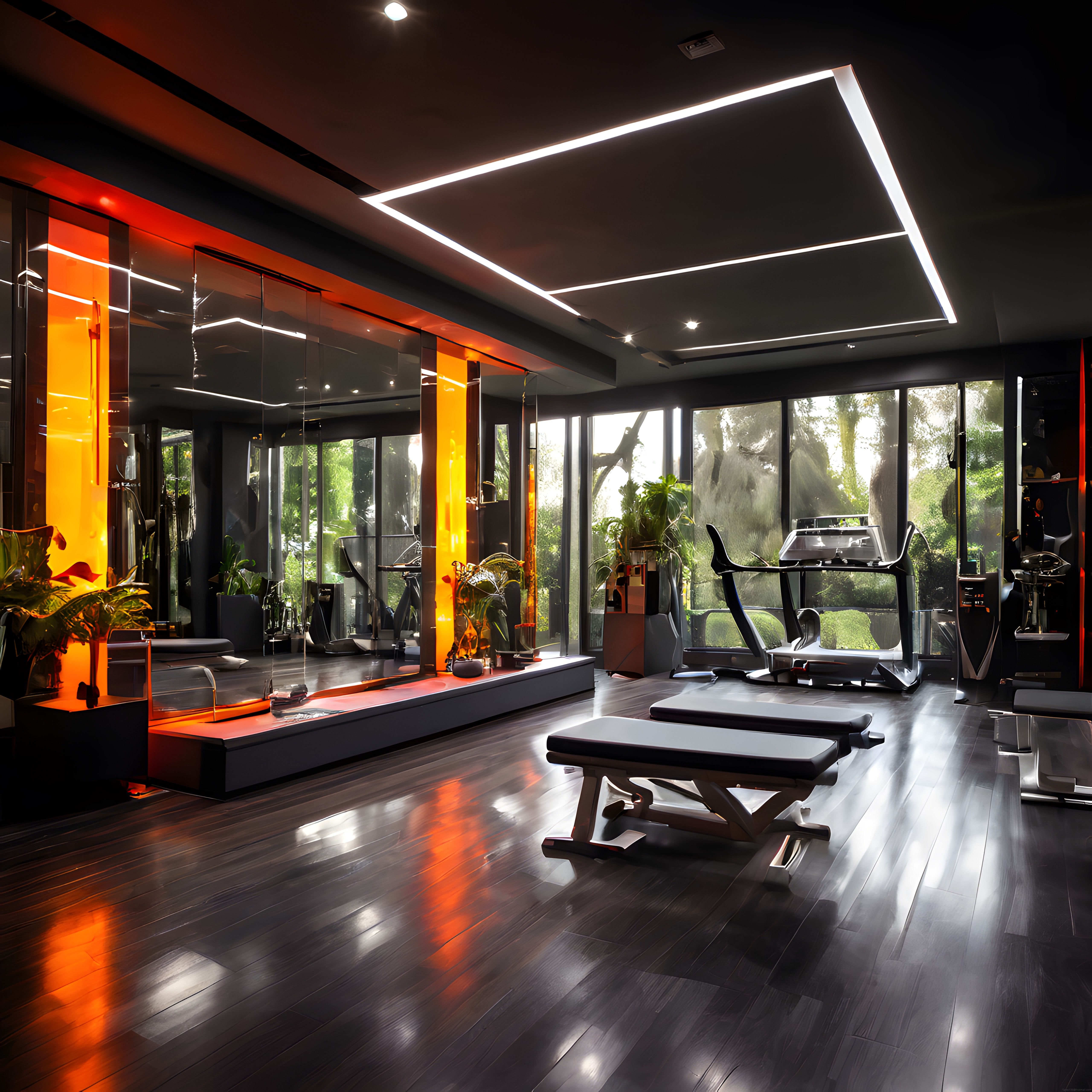 Lüks Fitness Salonu: Siyah Turuncu Aydınlatmalı Modern Antrenman Alanı