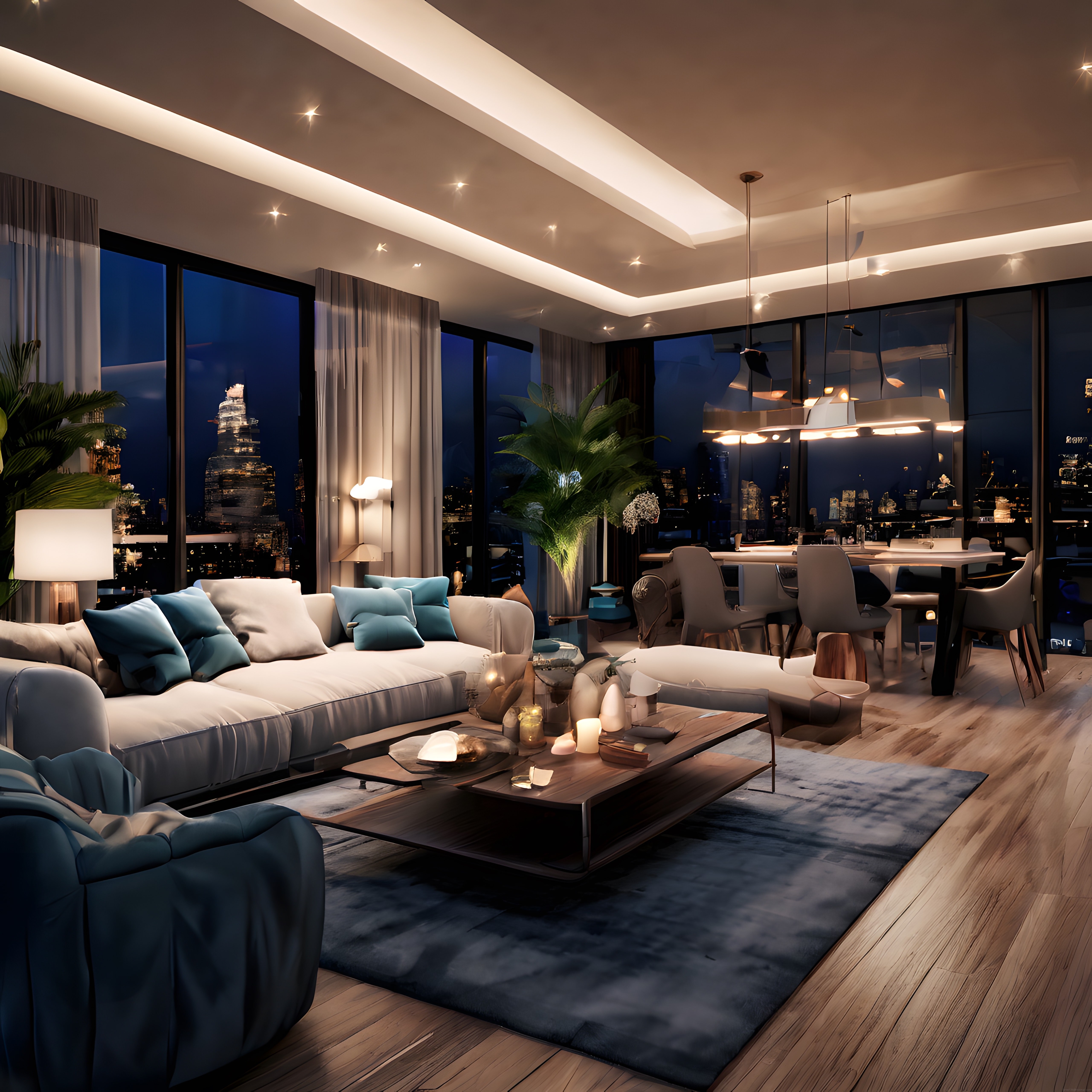 Lüks Gece Manzaralı Modern Salon Dekorasyonu ve Şehir Işıkları