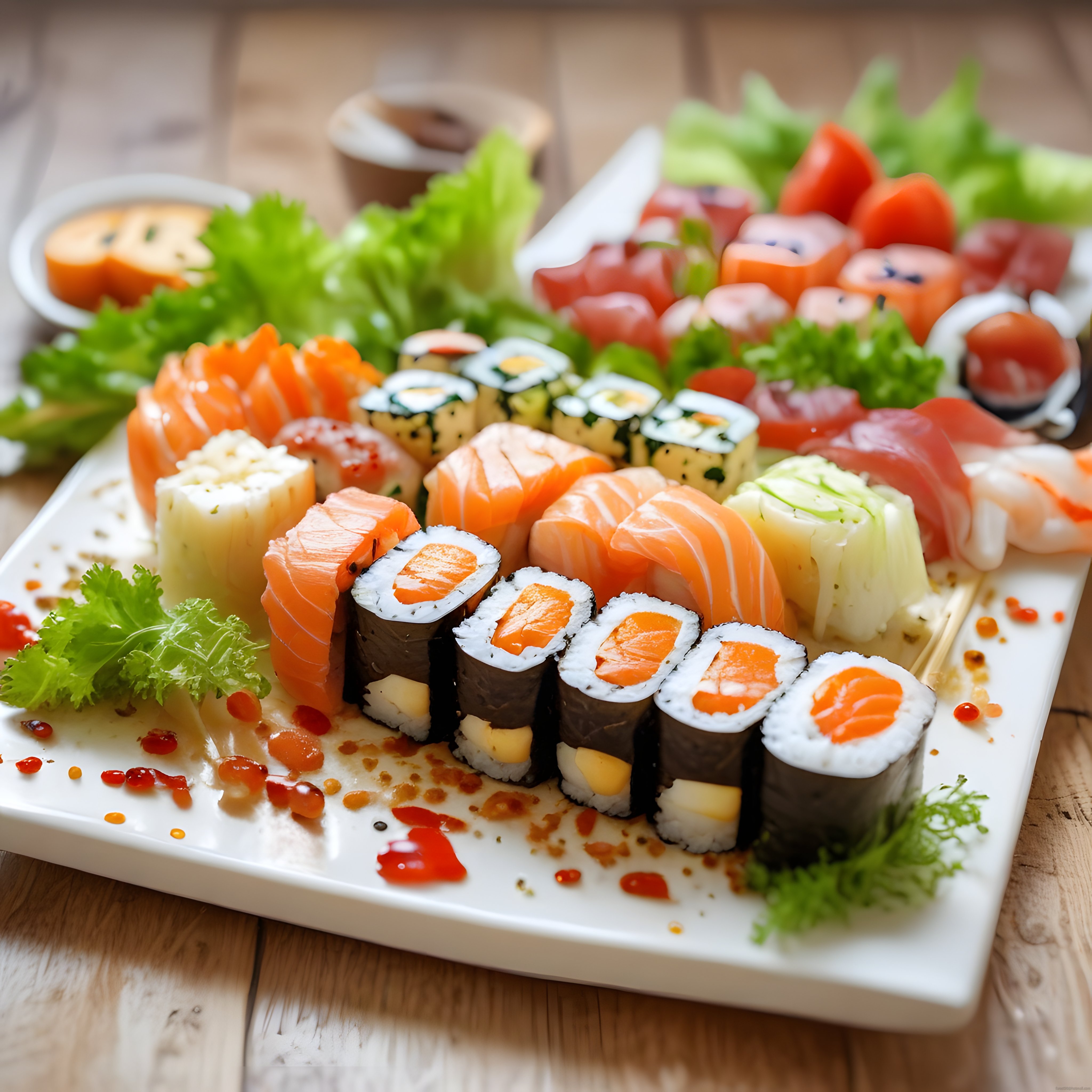 Lüks Japon Restoranı Sunumu: Taze Somonlu ve Ton Balıklı Sushi Çeşitleri Tabağı