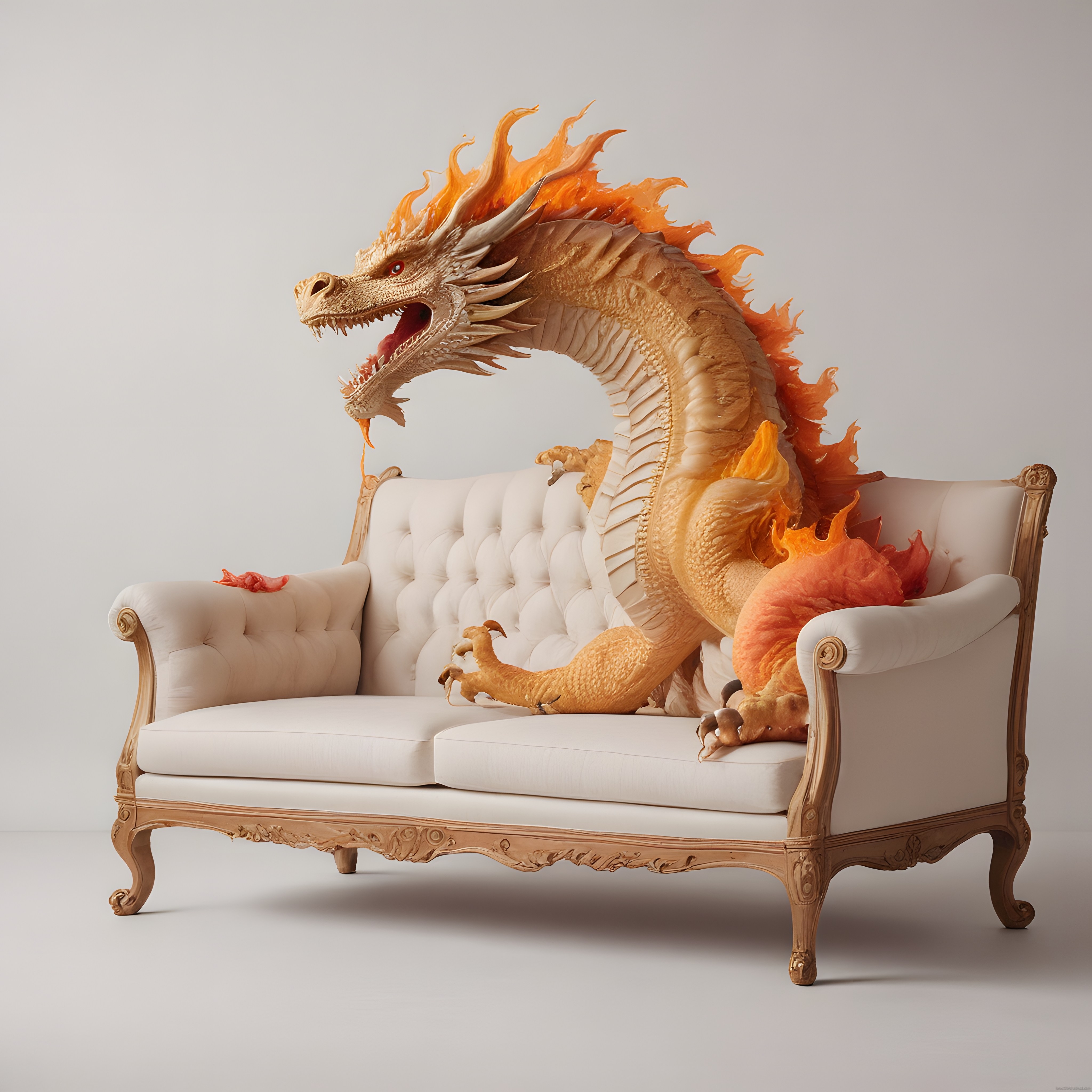 lüks kanepe üzerinde oturan altın rengi alevli ejderha figürü 3d render görsel