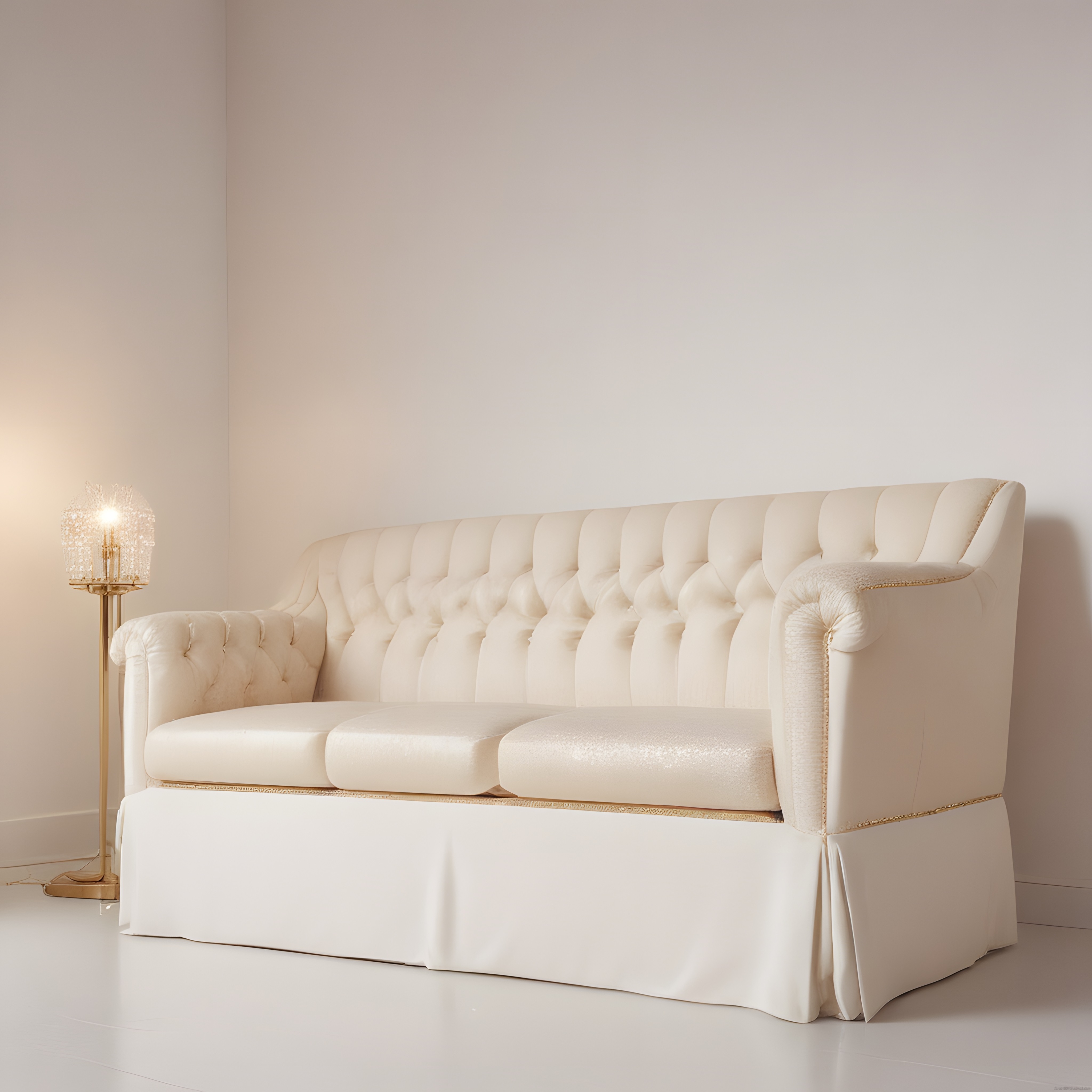 Lüks Krem Chesterfield Koltuk ve Altın Lambader ile Zamansız Salon Dekorasyonu