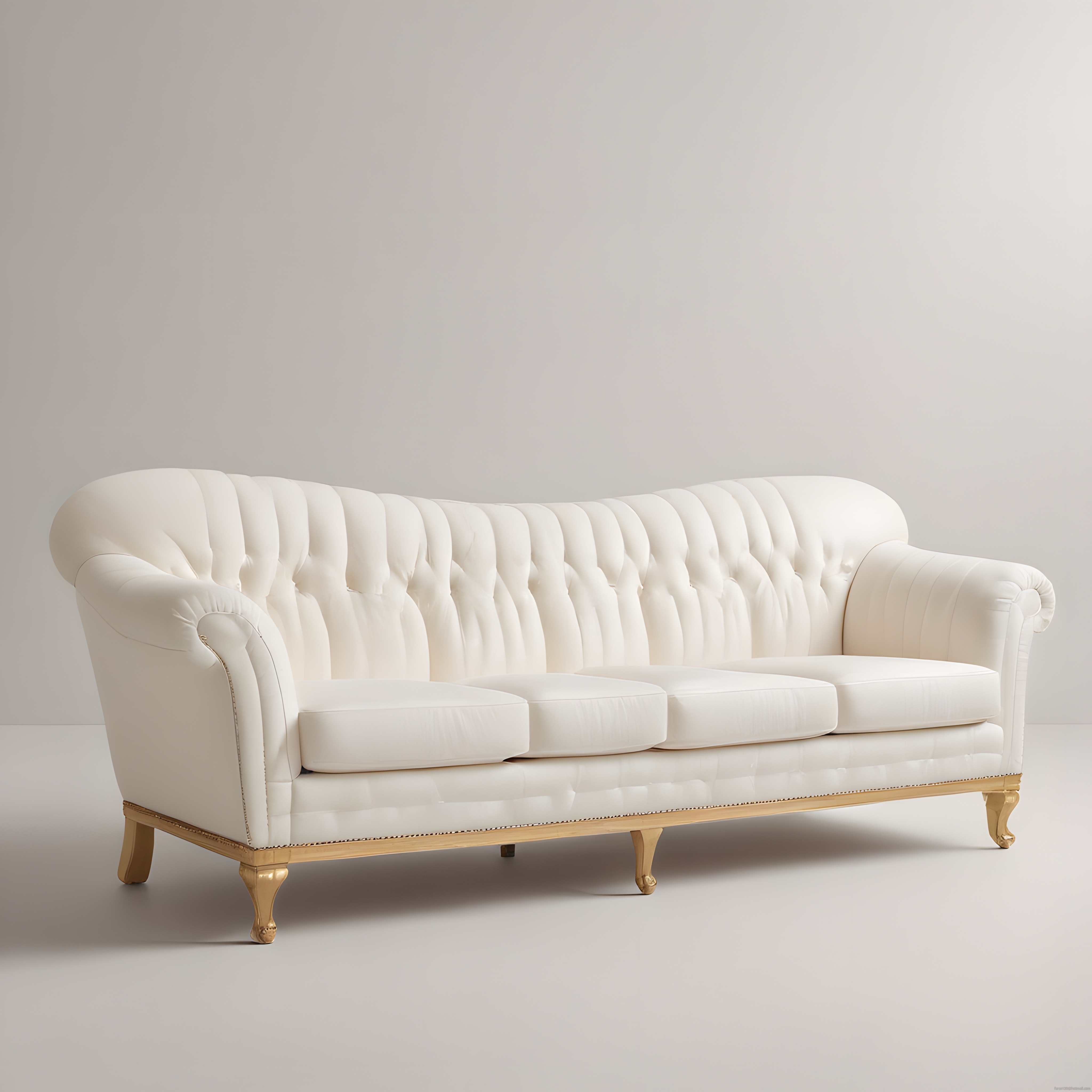 Lüks Krem Rengi Chesterfield Kanepenin Şık Tasarımı ve Altın Ayak Detayları