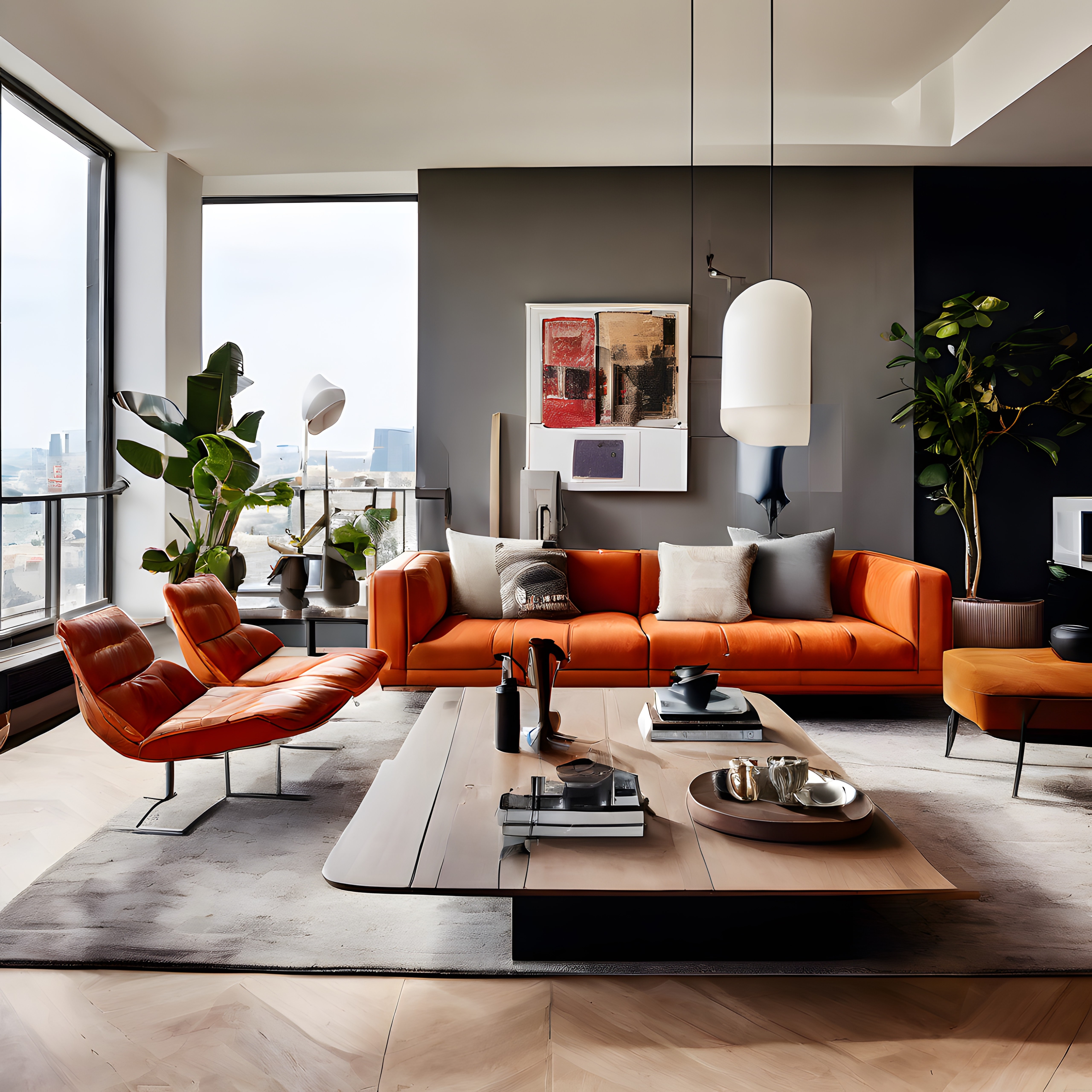Lüks Loft Salon Tasarımı: Turuncu Kanepe ve Modern İç Mekan Detayları