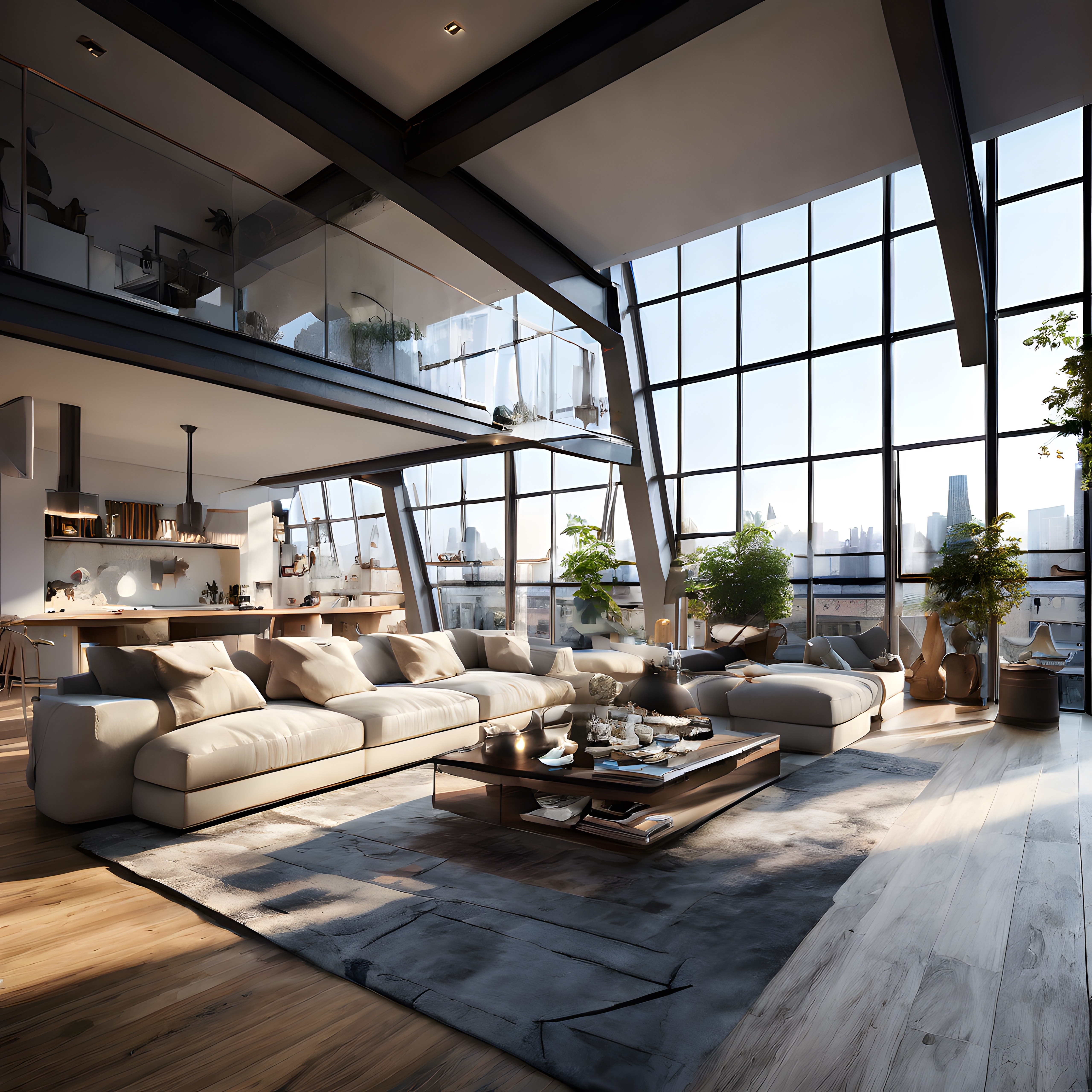 Lüks loft tarzı çatı katı: Panoramik pencereli ve asma katlı modern salon