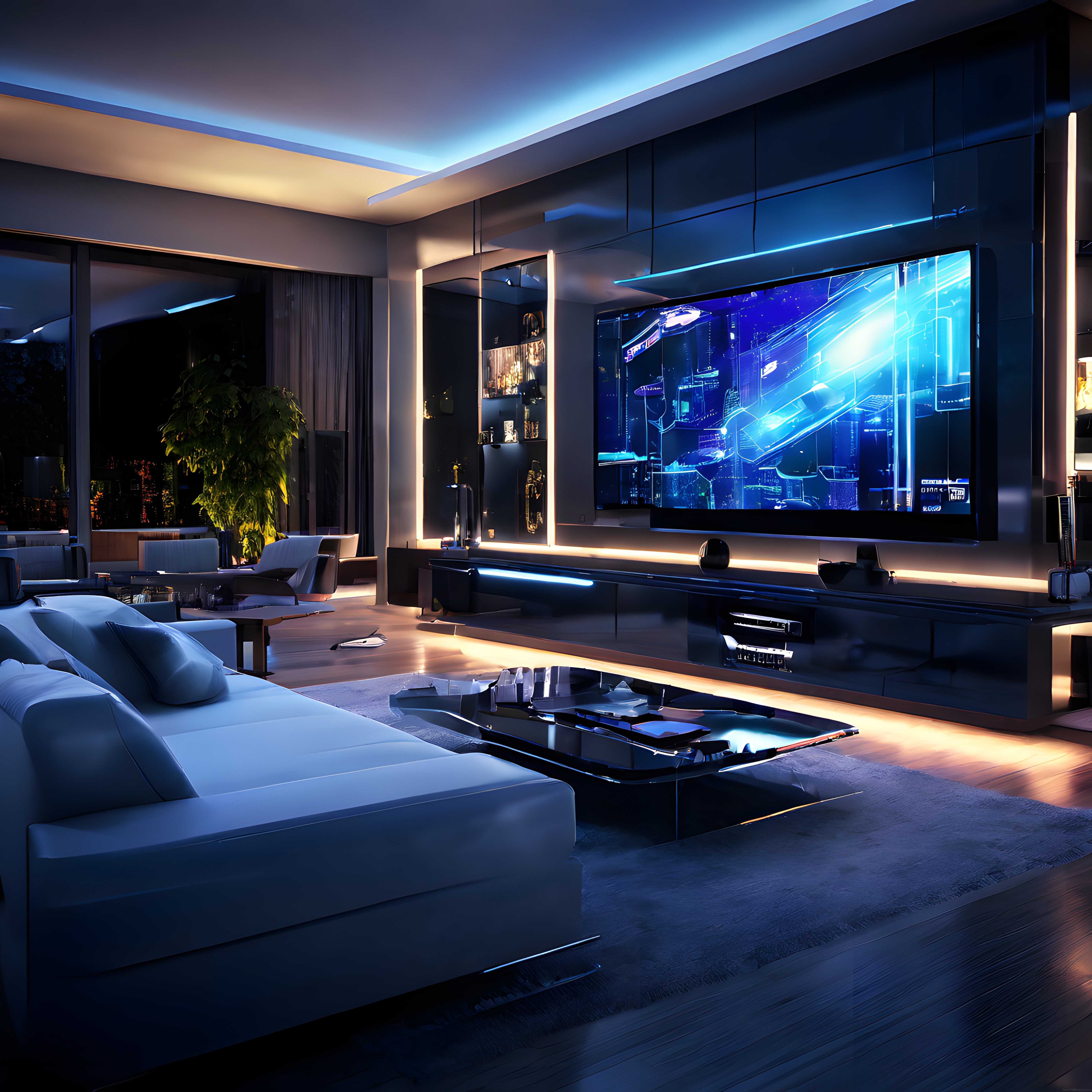 Lüks Mavi Neon Aydınlatmalı Modern Akıllı Ev Sinema ve Oturma Odası Tasarımı