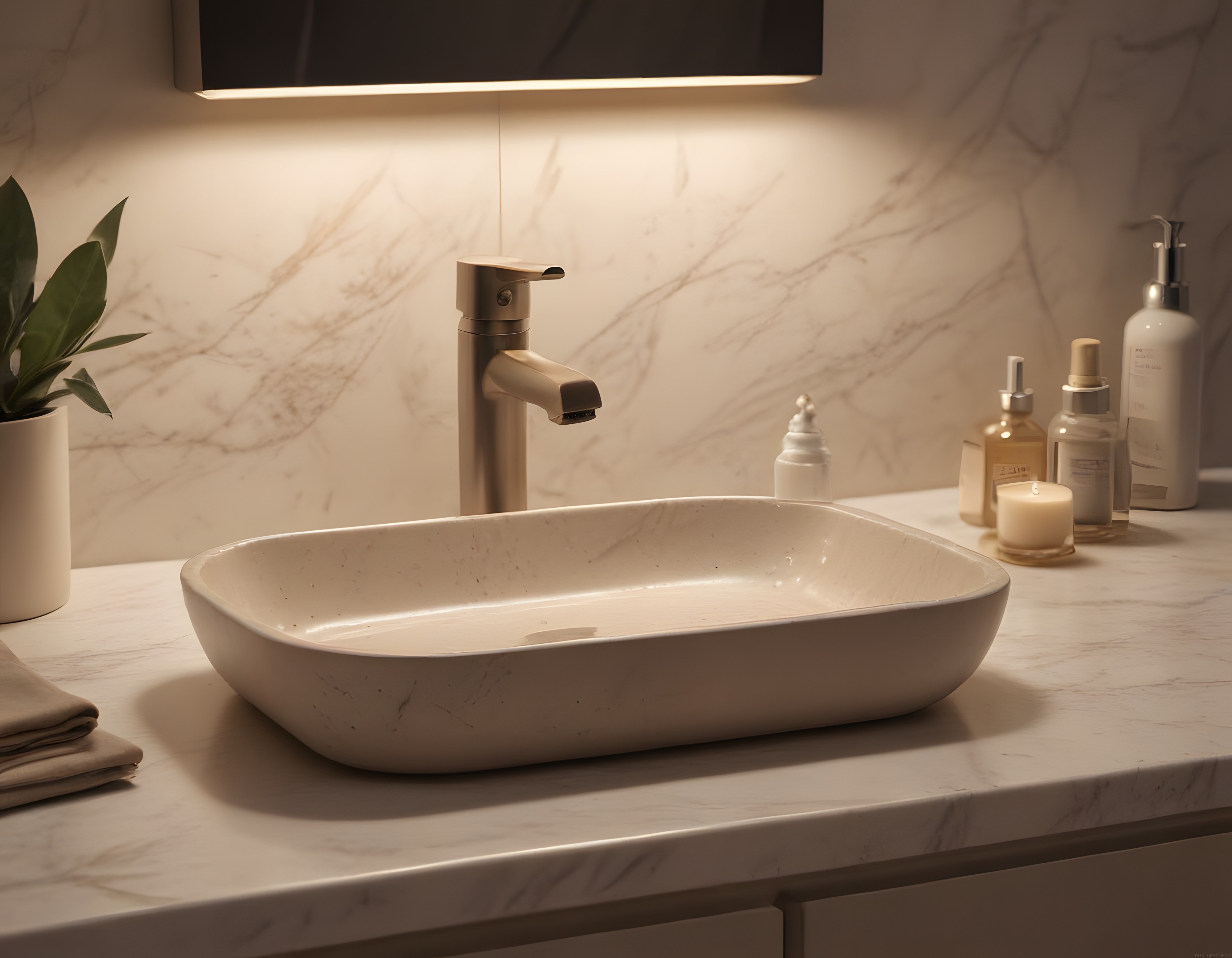 Lüks Mermer Banyo Dekorasyonu: Modern Lavabo ve Sıcak Aydınlatma Detayları