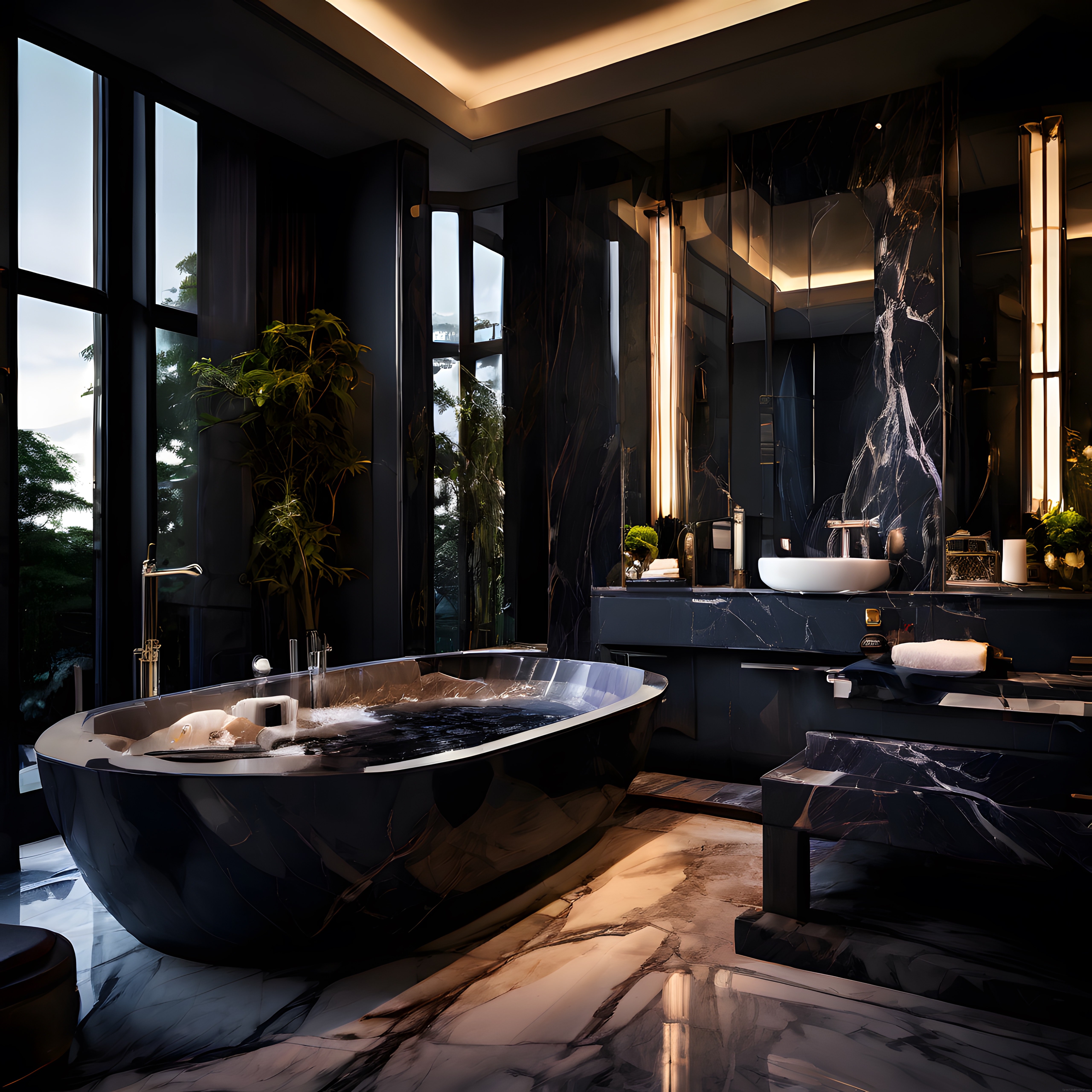 Lüks Mermer Banyo Tasarımı: Siyah Tonlarda Spa Havası ve Modern Detaylar