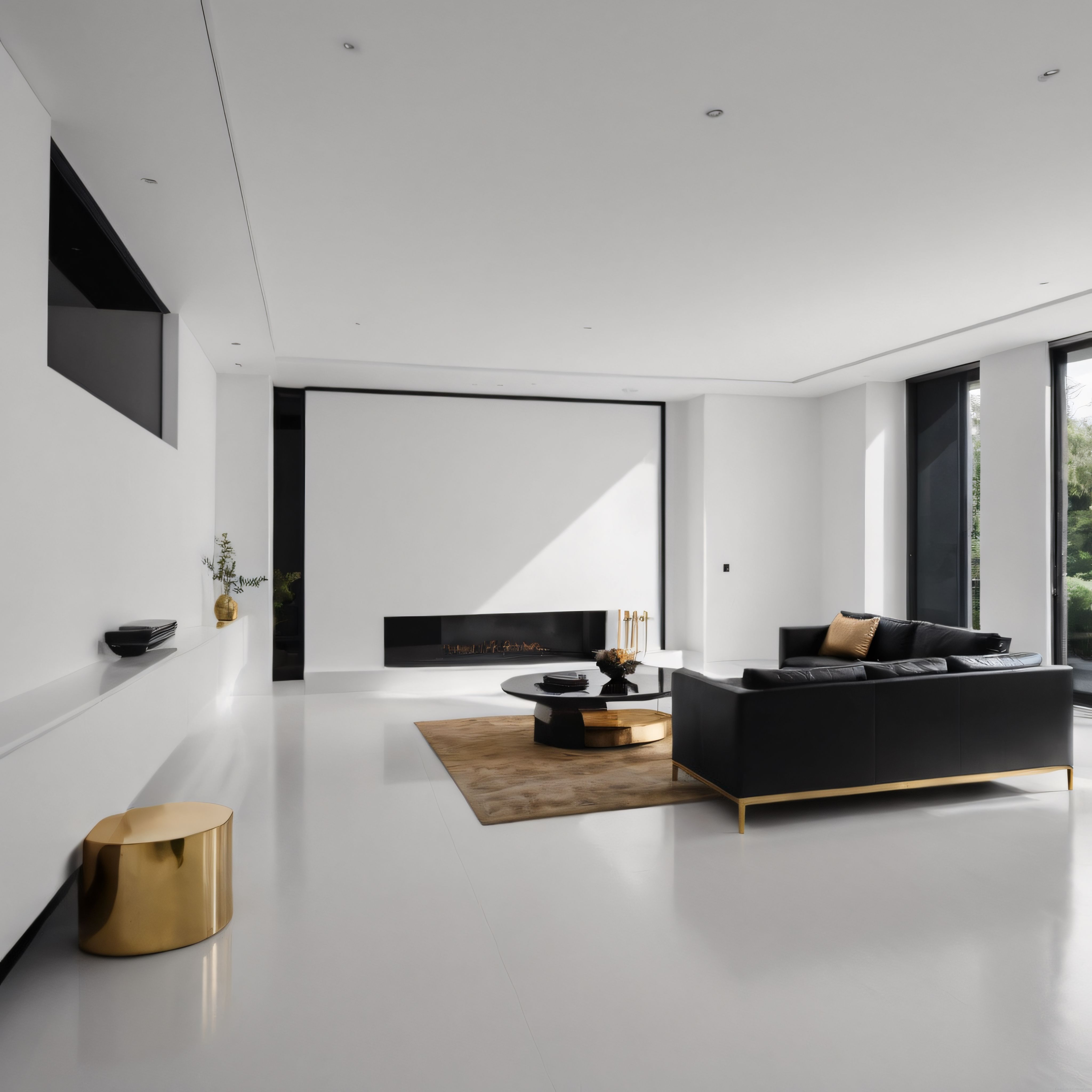 Lüks minimalist salon iç mekanı: beyaz zemin, siyah deri koltuk ve şık şömine