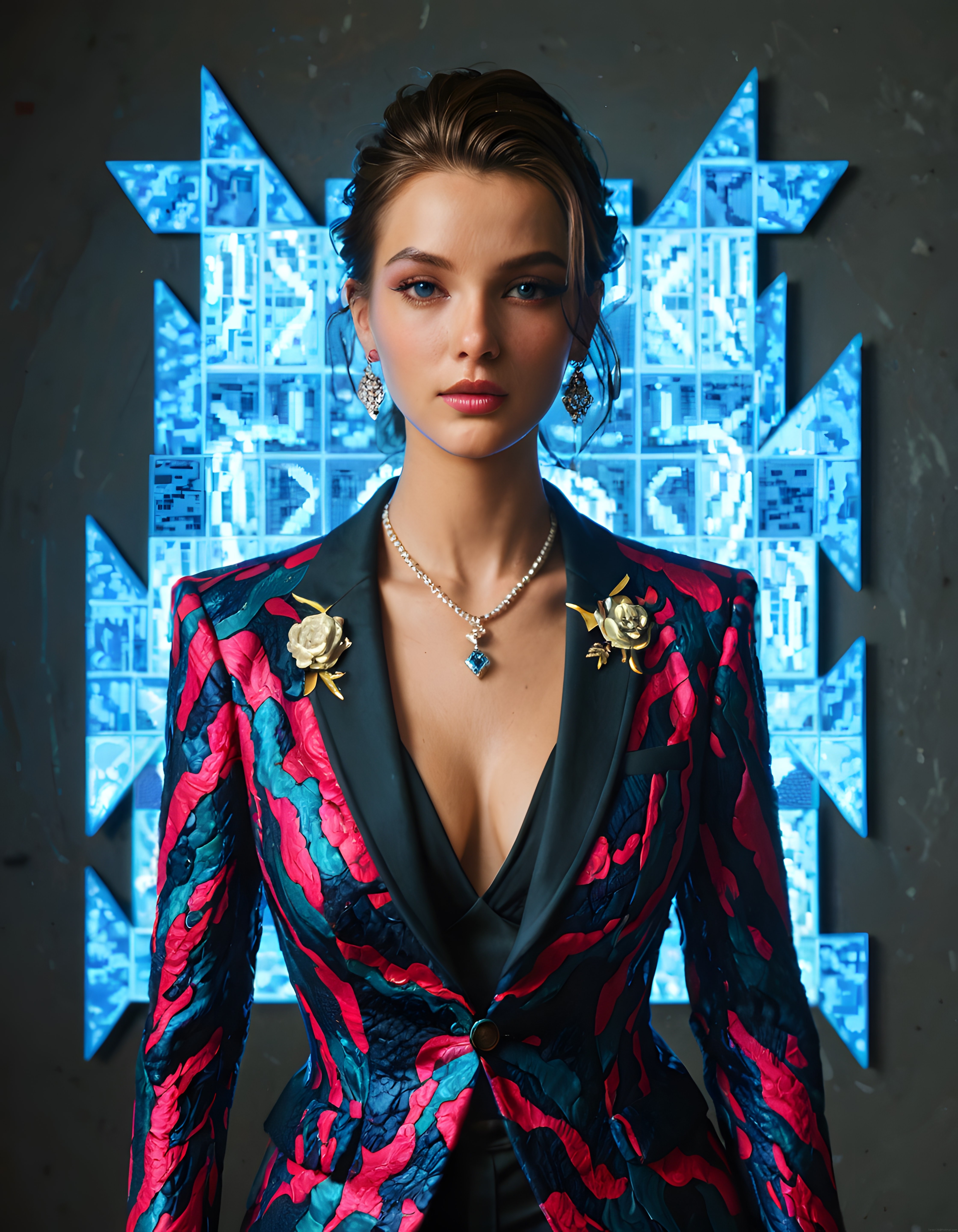 Lüks Moda Çekiminde Couture Ceket ve Mavi Aydınlatmalı Stüdyo Arkaplan