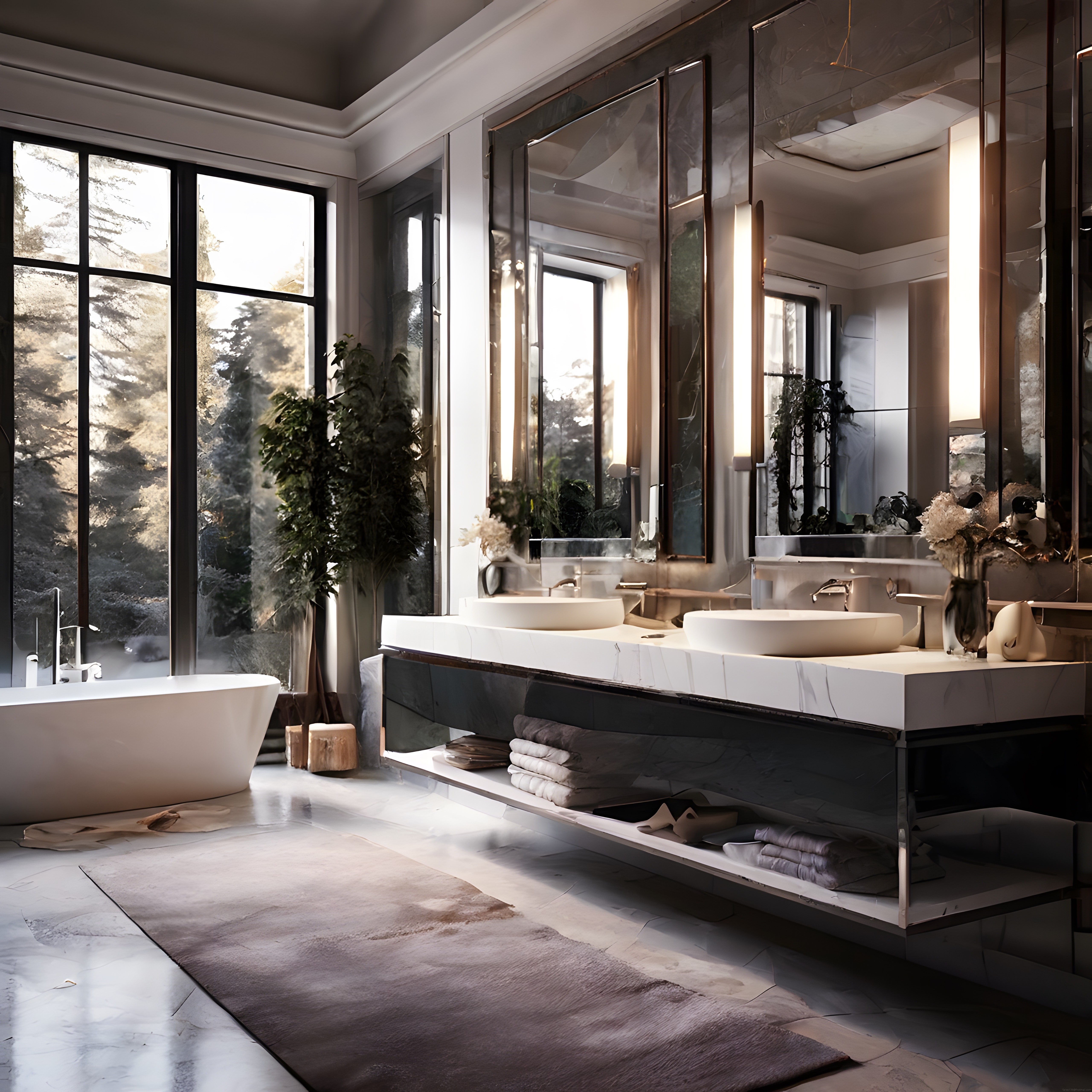 Lüks Modern Banyo Tasarımı: Mermer Detaylar ve Orman Manzaralı Ferah Mekan