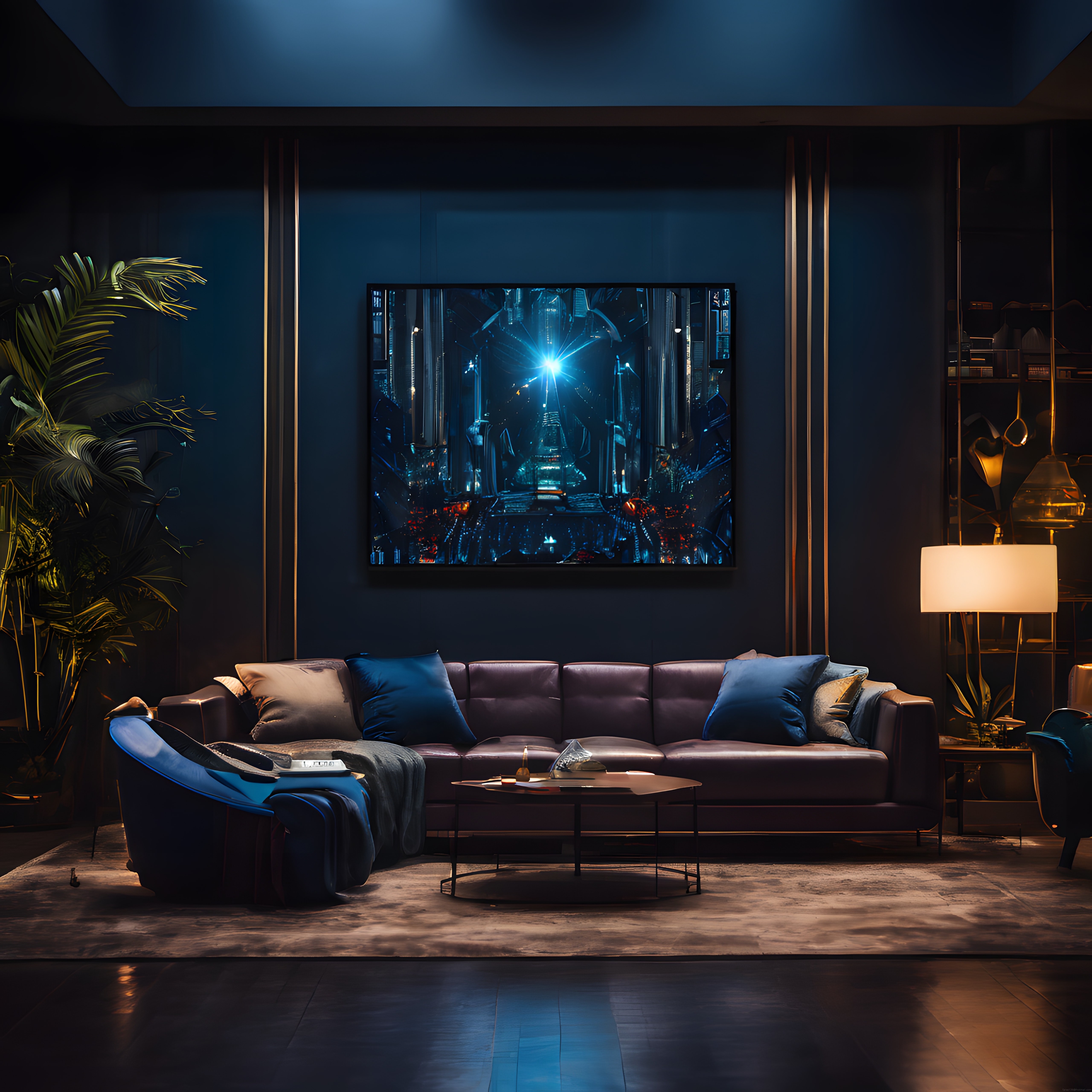 Lüks Modern Oturma Odası: Cyberpunk Tablo ve Ambiyans Aydınlatma ile Dekorasyon