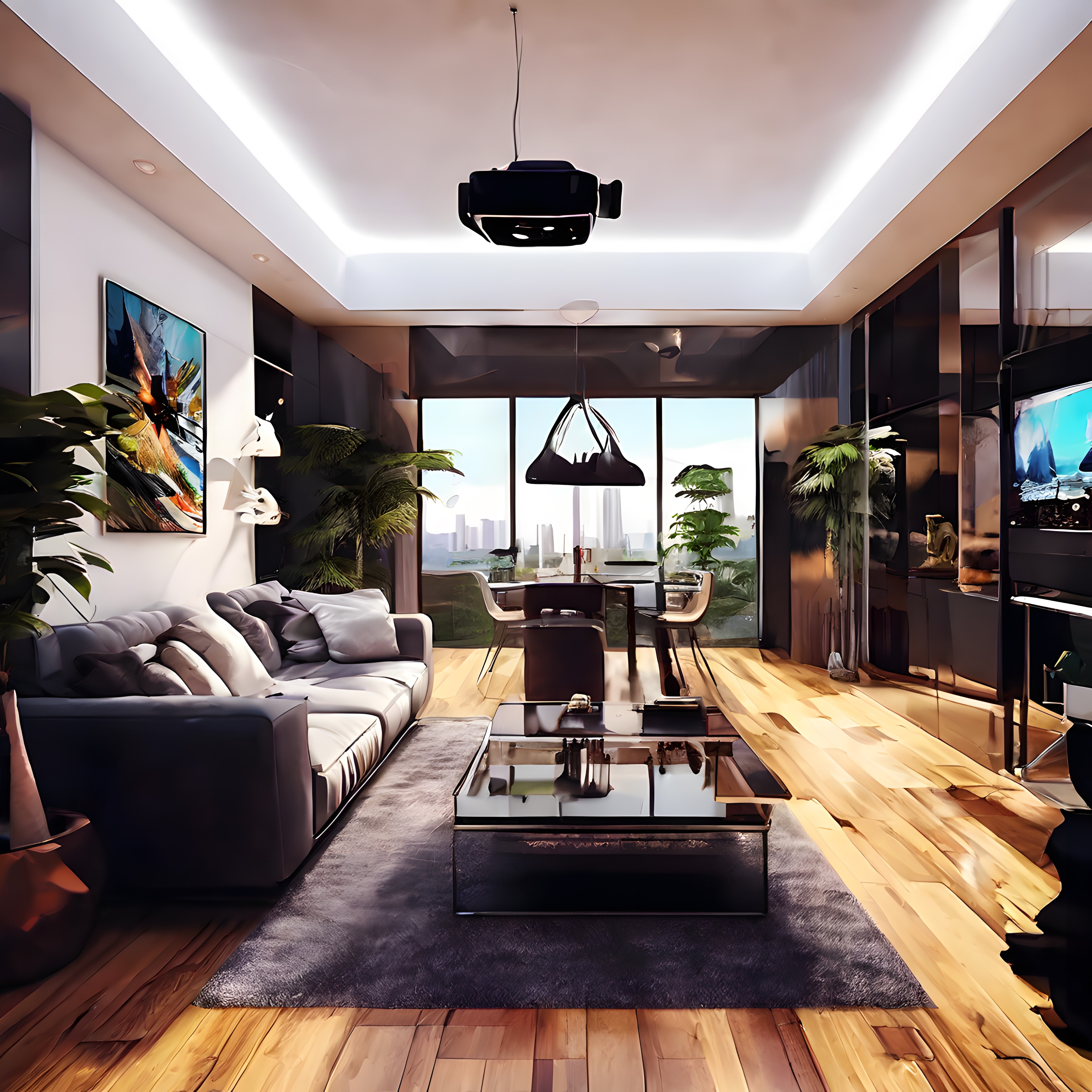 Lüks modern oturma odası tasarımı şehir manzaralı geniş salon dekorasyonu