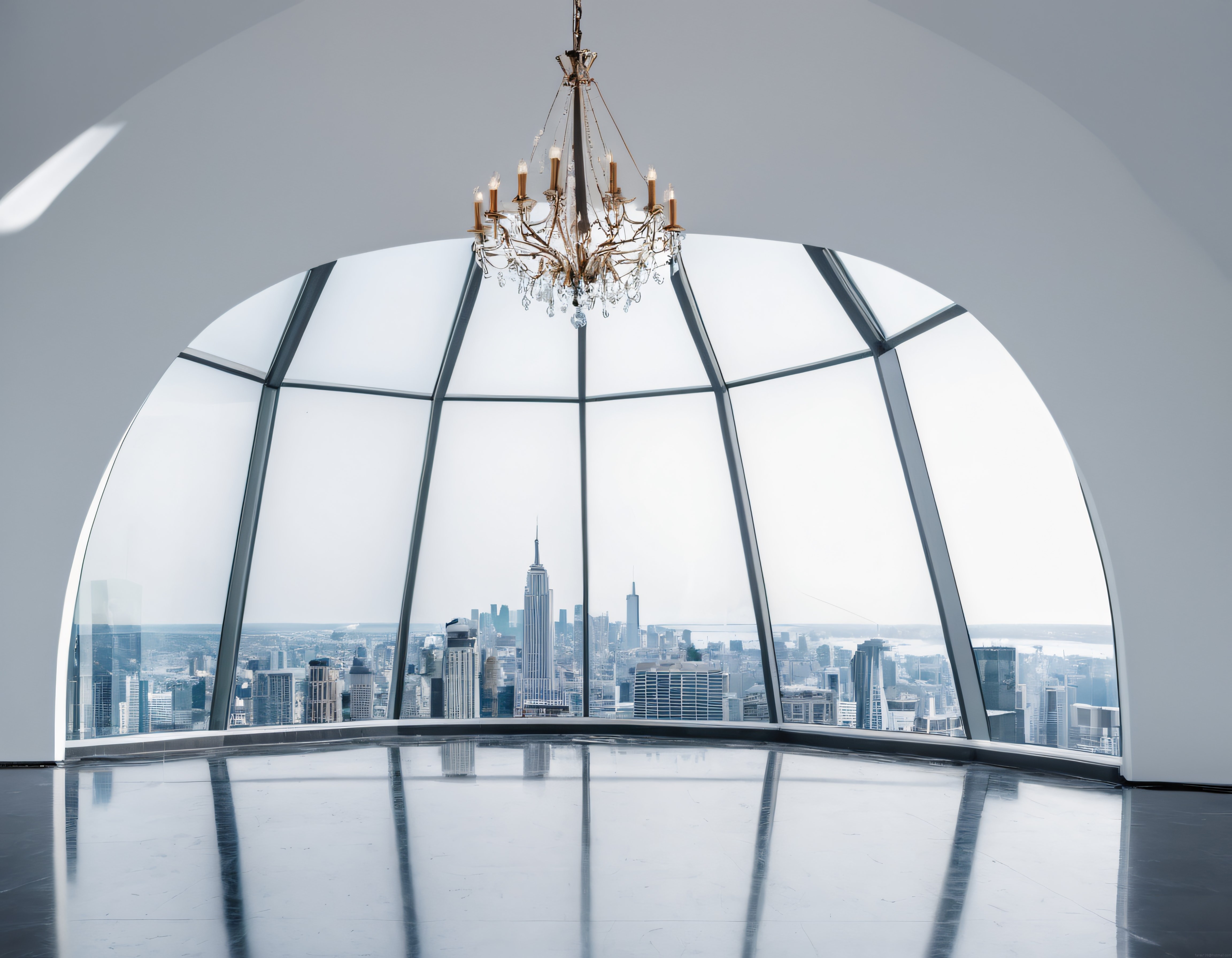 Lüks Modern Penthouse İç Mekanı ve Gökdelen Manzaralı Cam Kubbe