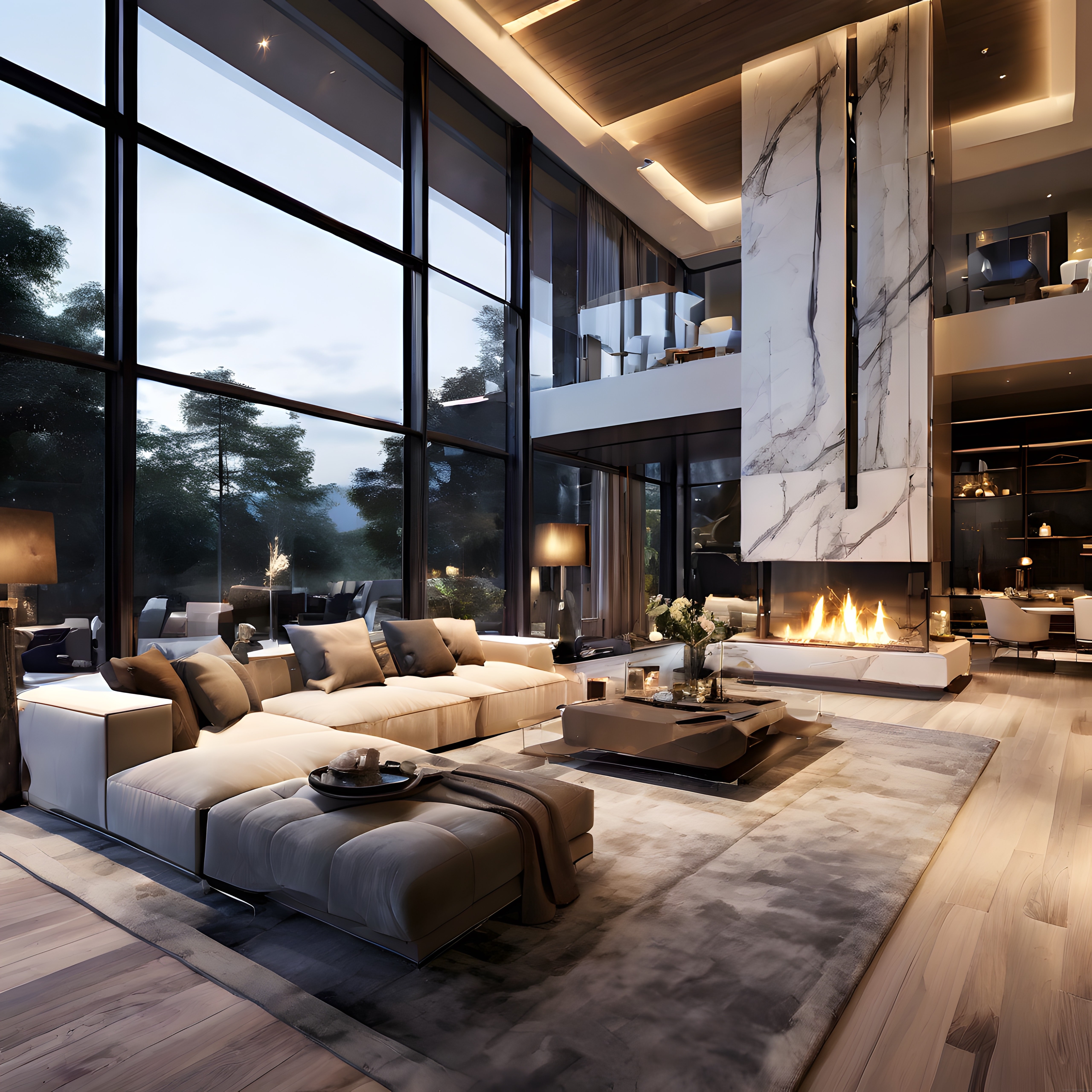 Lüks Modern Villa İç Mekanı: Şömine ve Cam Duvarlarla Huzurlu Yaşam Alanı