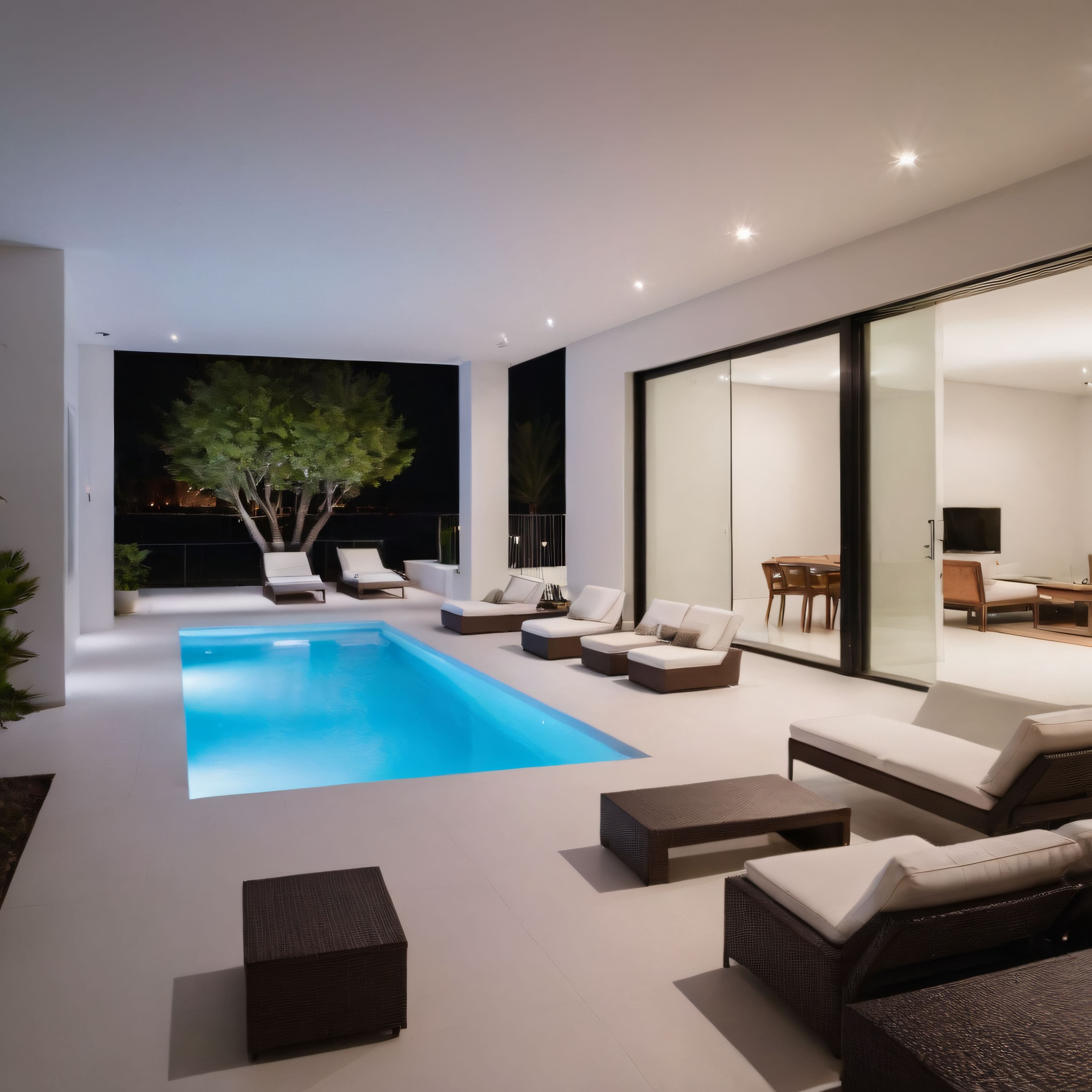 Lüks Modern Villa Terasında Mavi Işıklı Havuz ve Rahat Şezlong Alanı