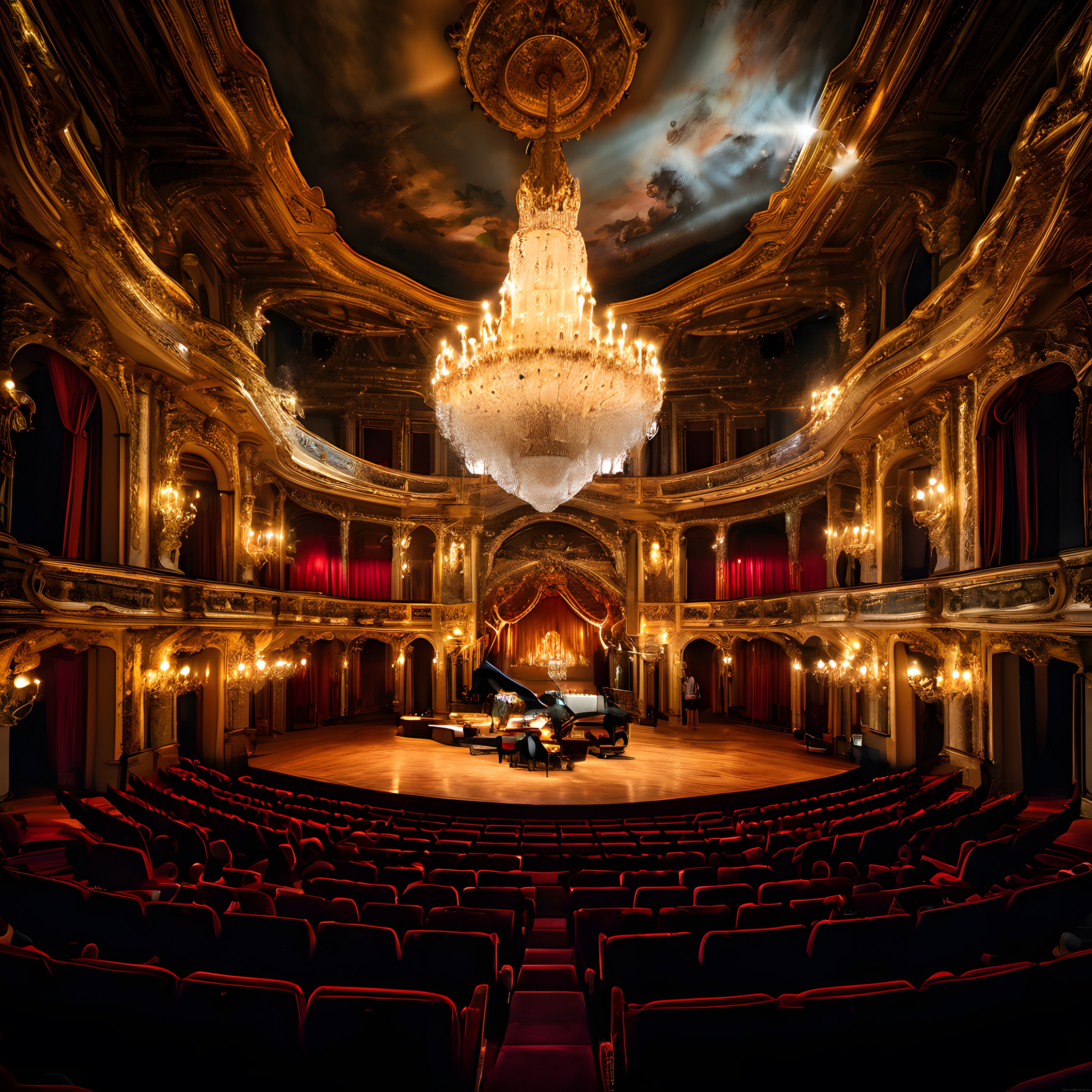 Lüks Opera Salonunun İhtişamlı Avizesi ve Kırmızı Kadife Koltukları