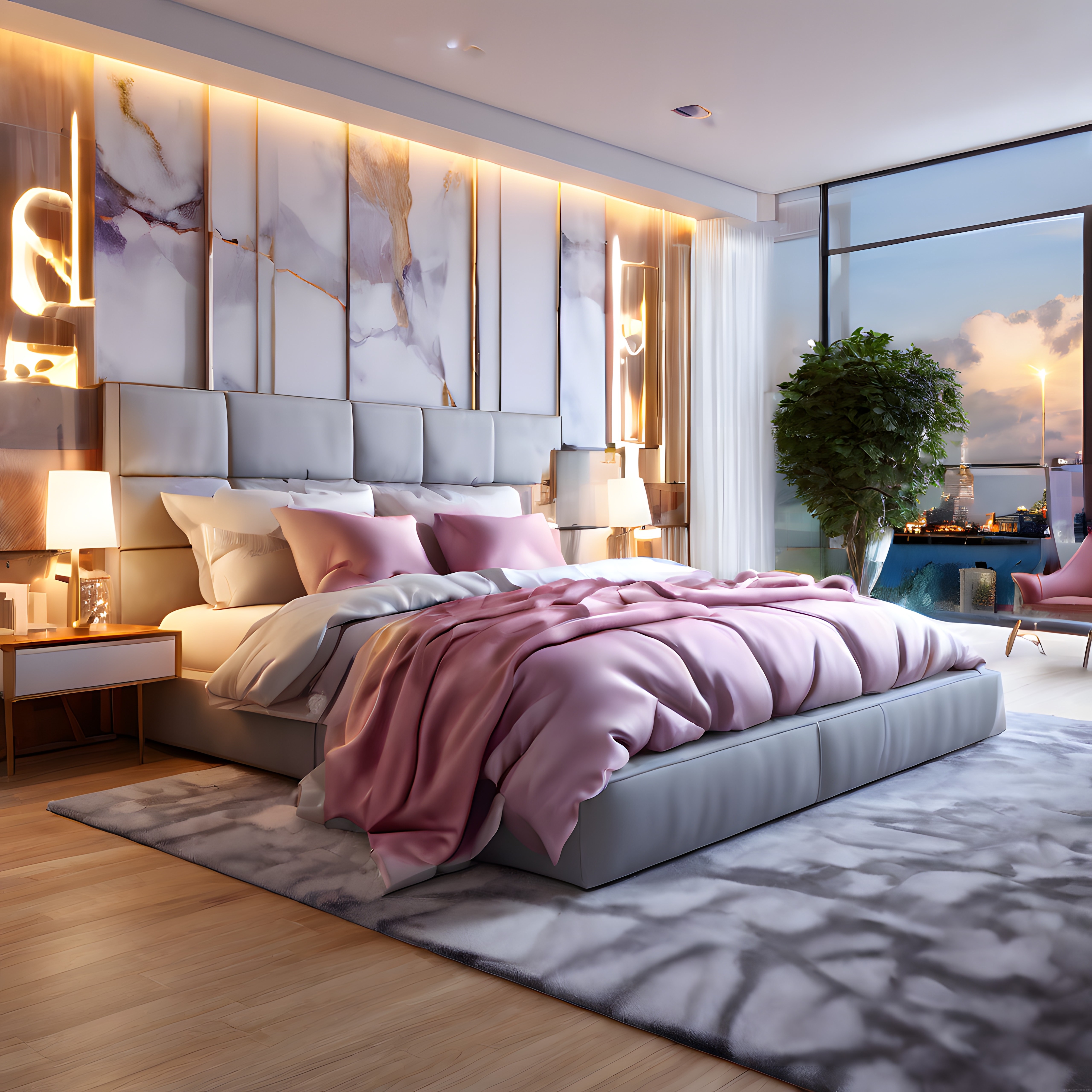 Lüks otel konseptli modern yatak odası dekorasyonu ve gün batımı şehir manzarası