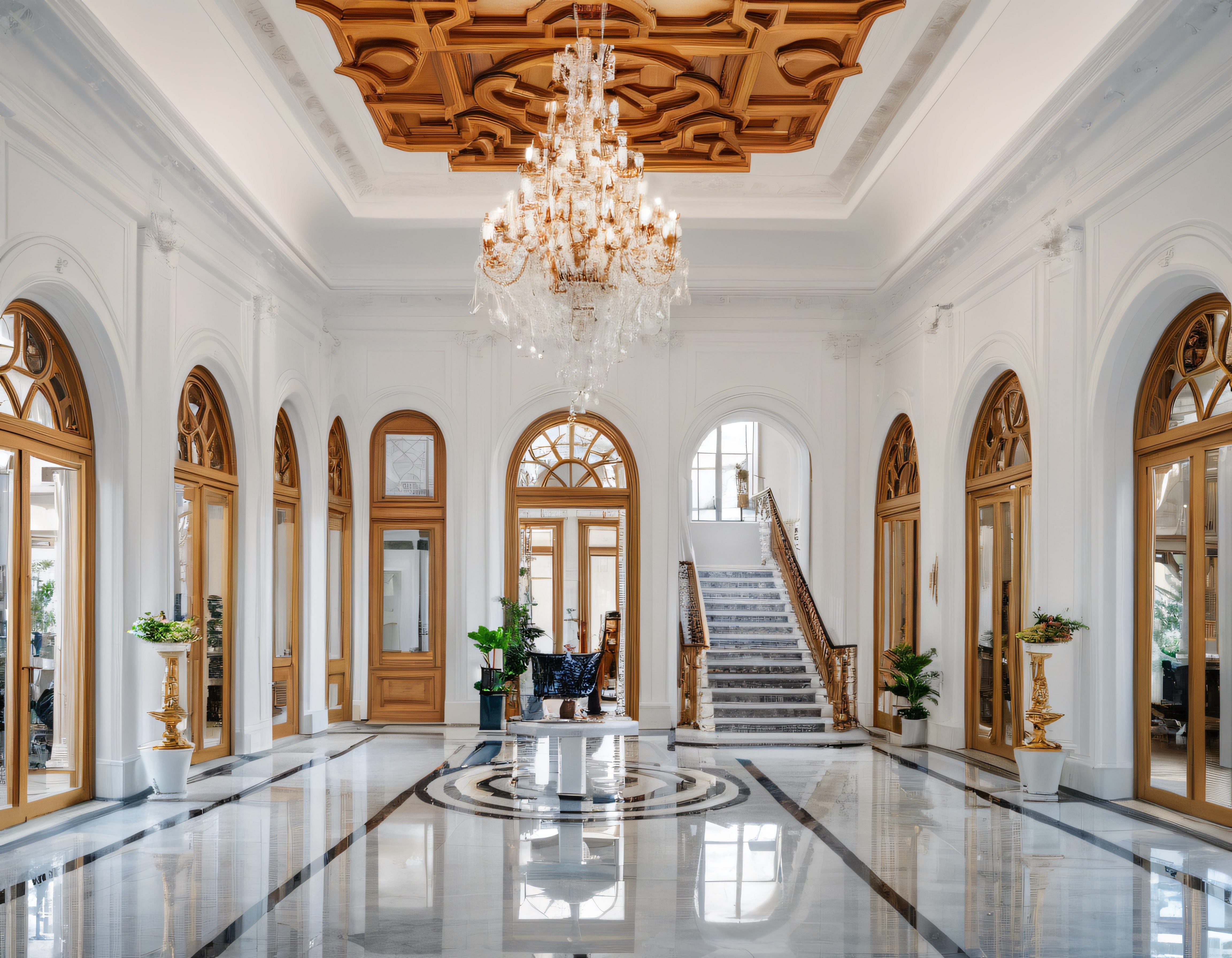 Lüks Otel Lobisi: Altın Detaylar ve Kristal Avizeyle Işıldayan Klasik Salon