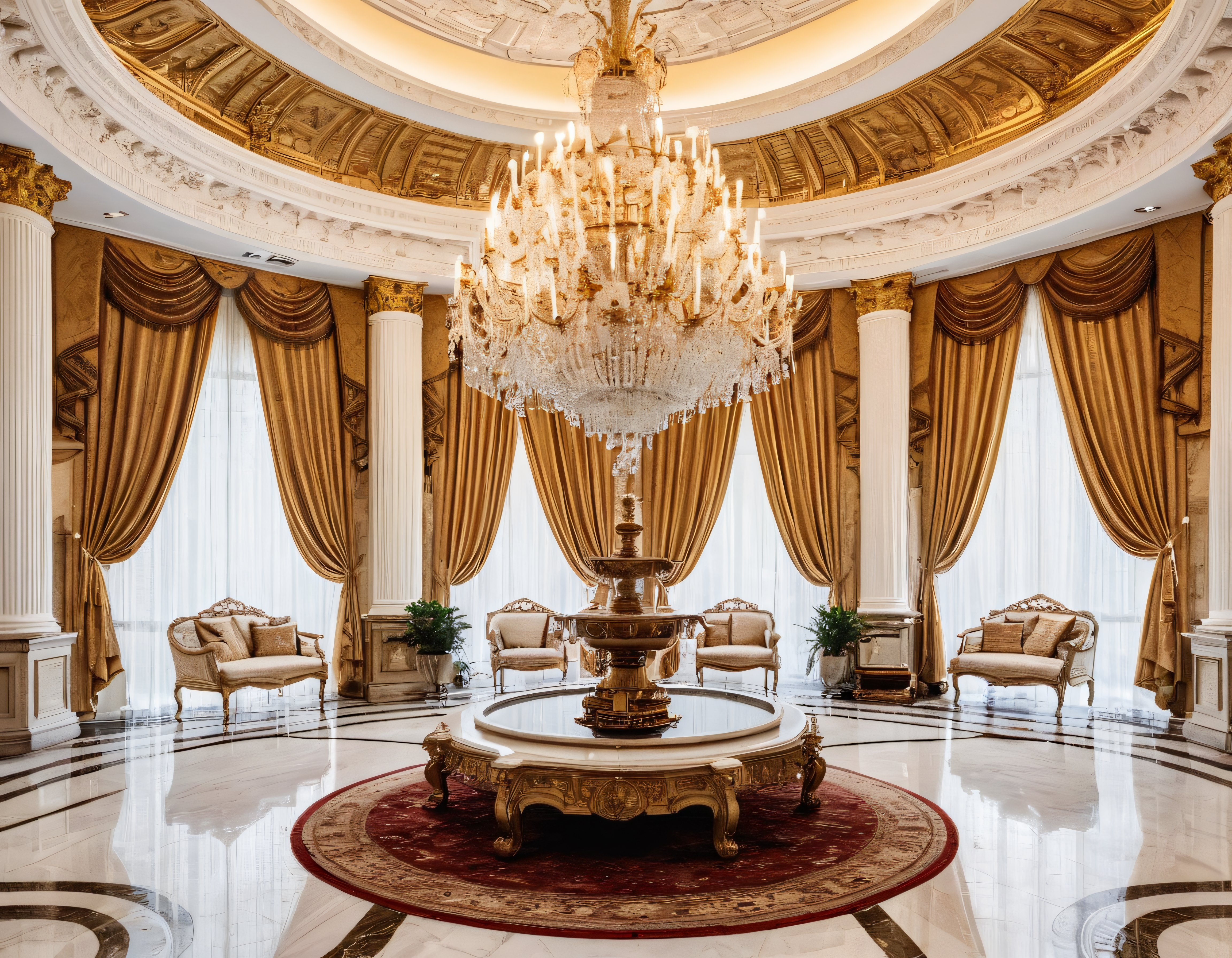 Lüks Otel Lobisi: Altın Varaklı Kubbeli Salon ve Kristal Avize