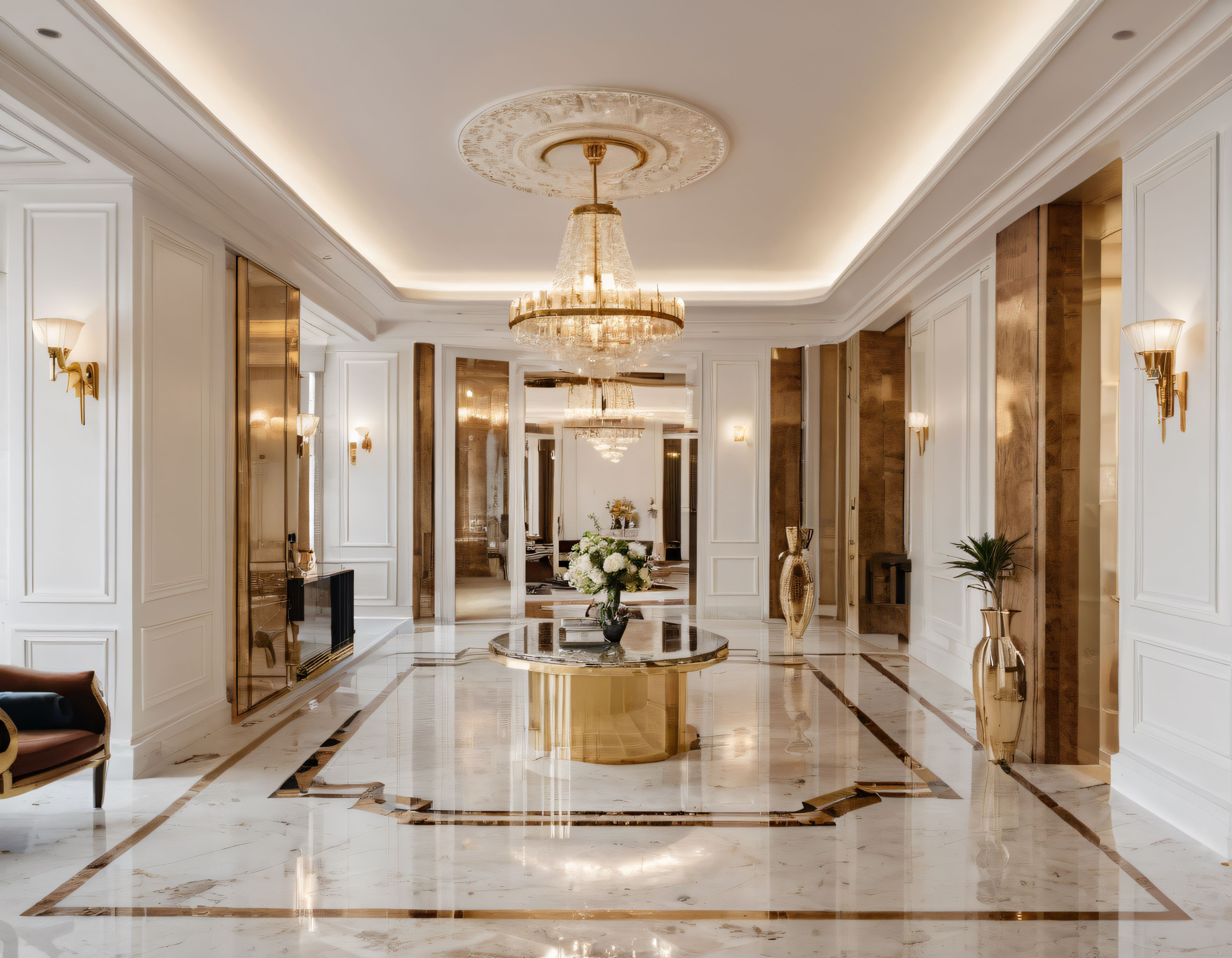 Lüks Otel Lobisi: Kristal Avize ve Mermer Zeminde Klasik Elegan İç Mimari