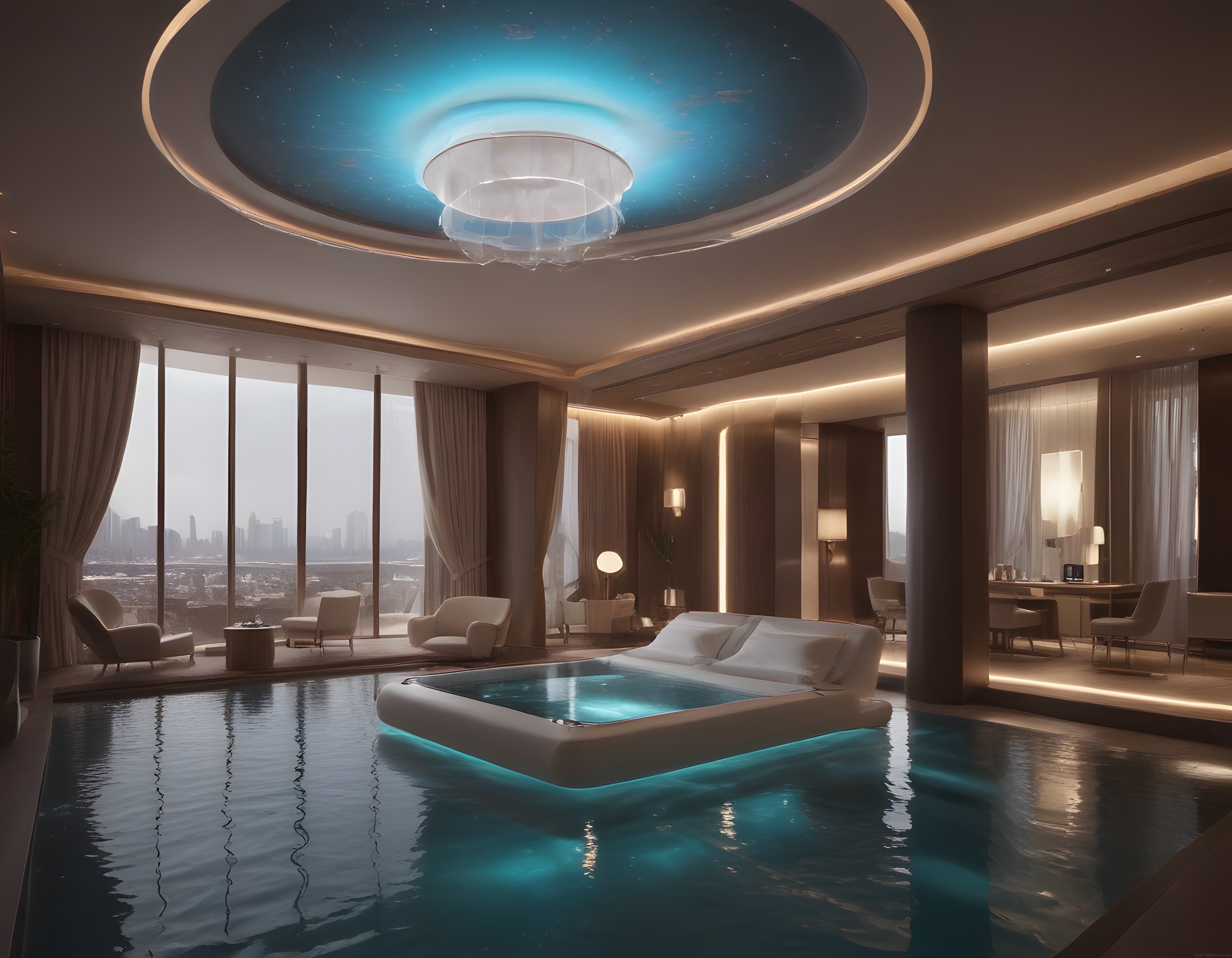 Lüks Otel Süitinde Gökyüzü Manzaralı Havuzlu Yatak ve Şehir Panoraması