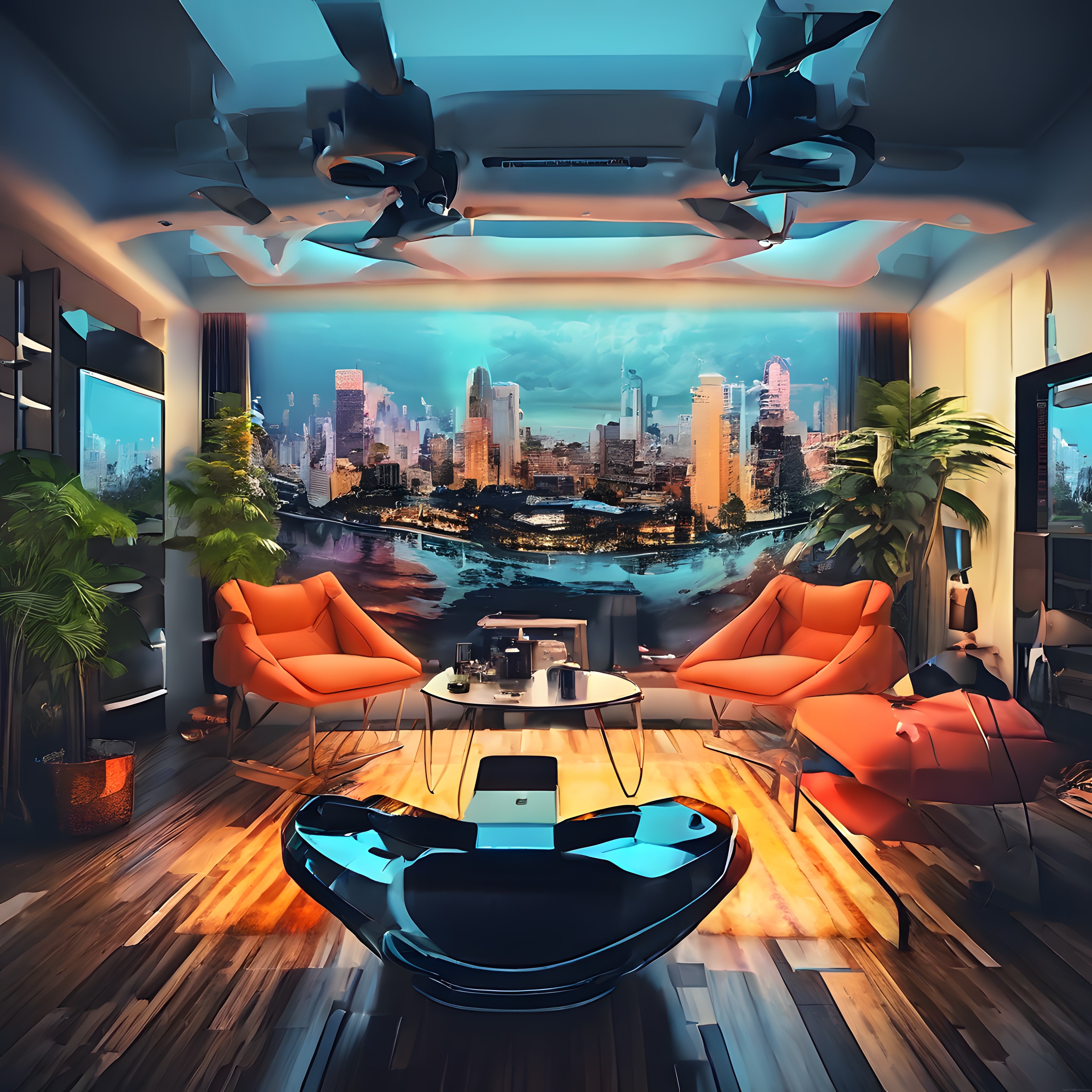 Lüks Penthouse Oturma Odası ve Gökdelen Manzaralı Modern İç Mekan Tasarımı