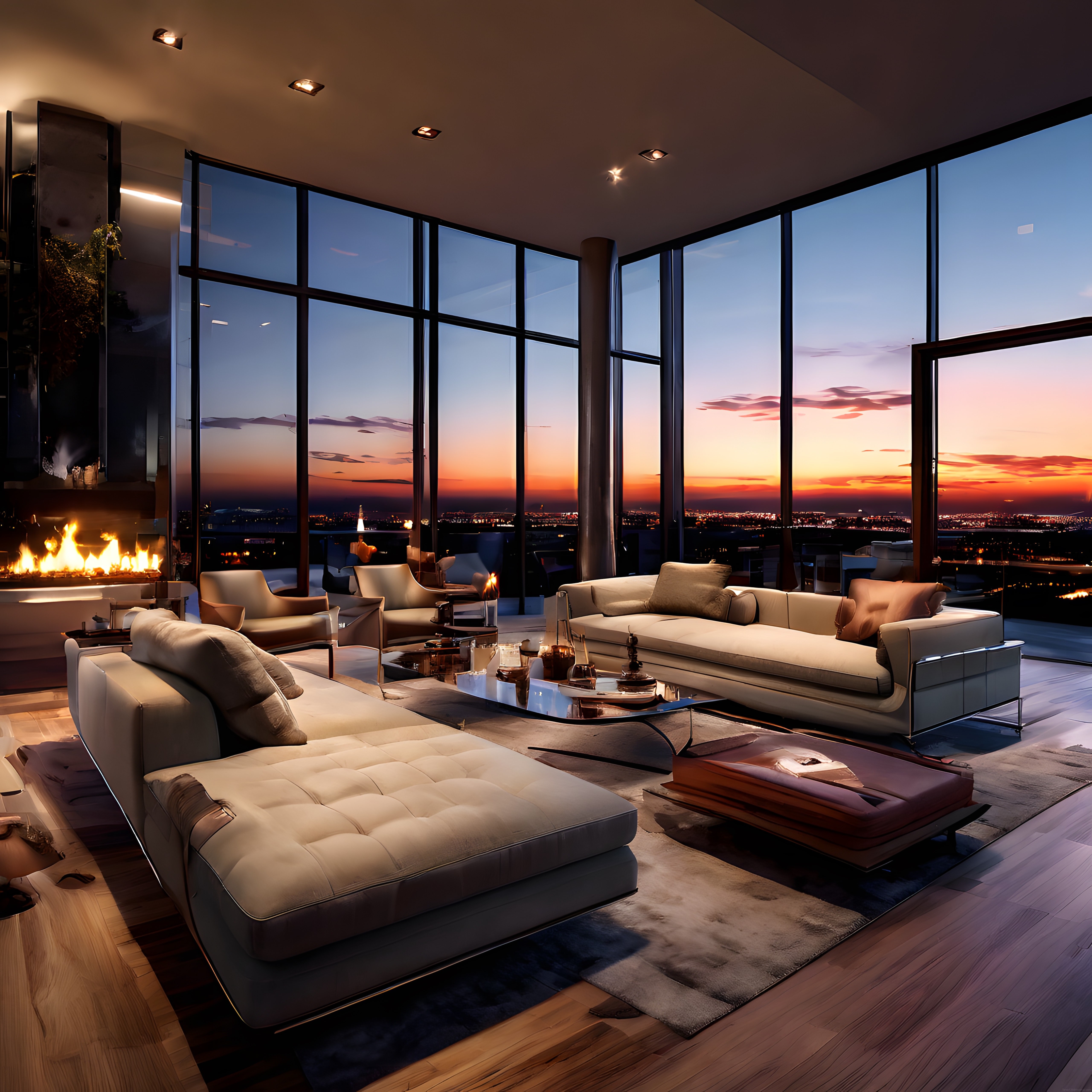 Lüks Penthouse Salonunda Gün Batımı ve Şömine Manzaralı Modern Yaşam