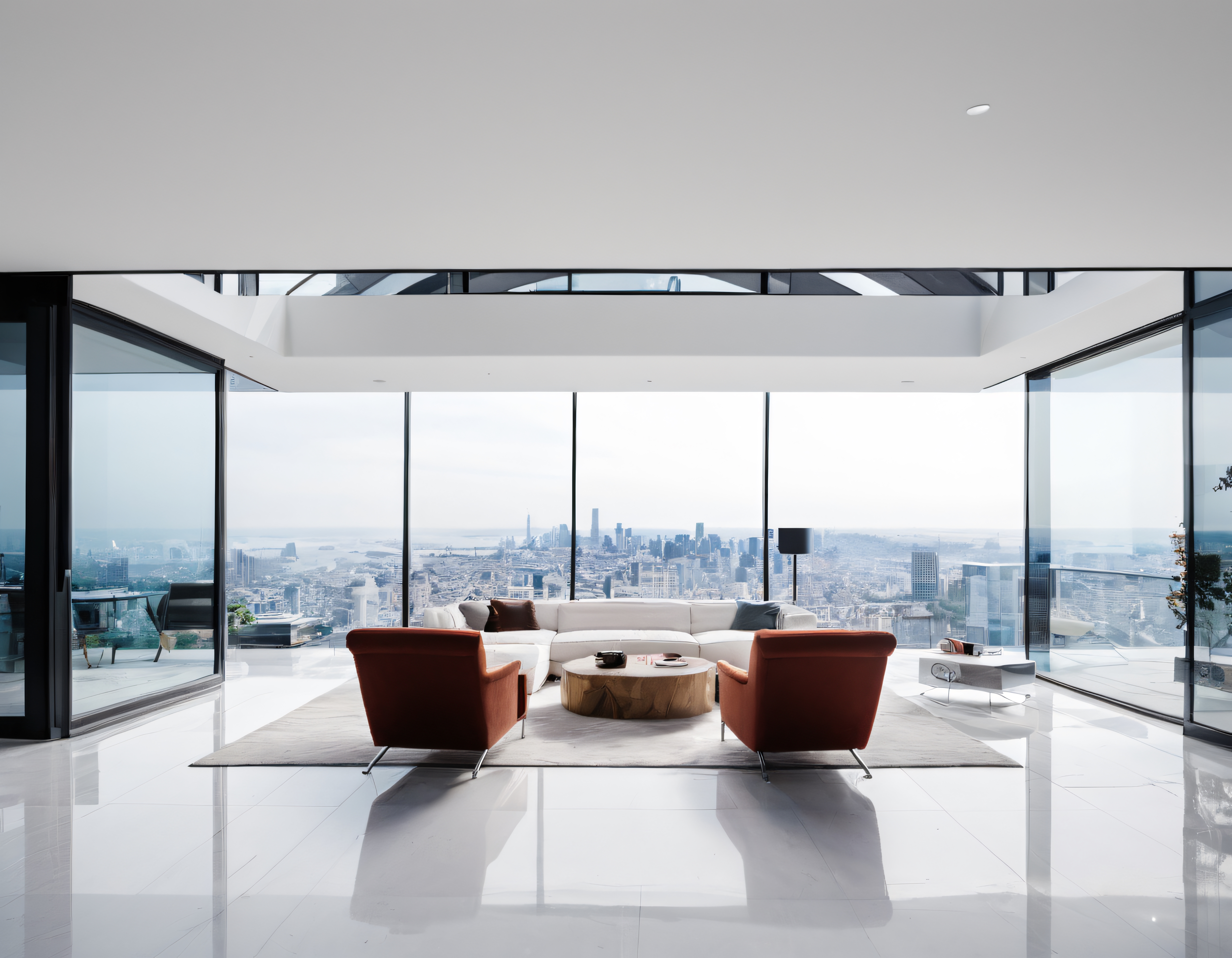 Lüks Penthouse Salonunda Şehir Manzaralı Modern ve Minimalist Dekorasyon