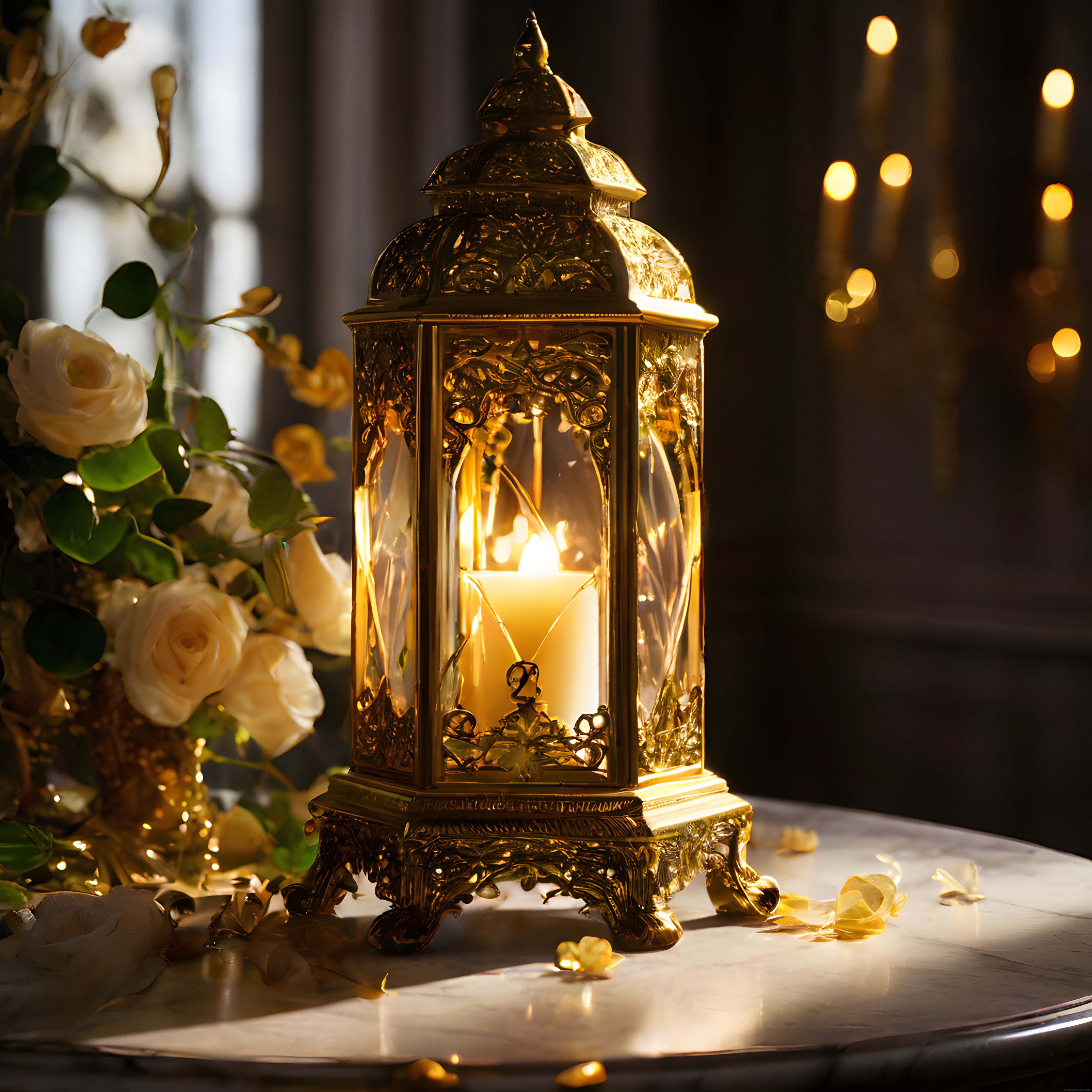 Lüks Pirinç Fener ve Beyaz Güllerle Romantik Mum Işığı Dekoru