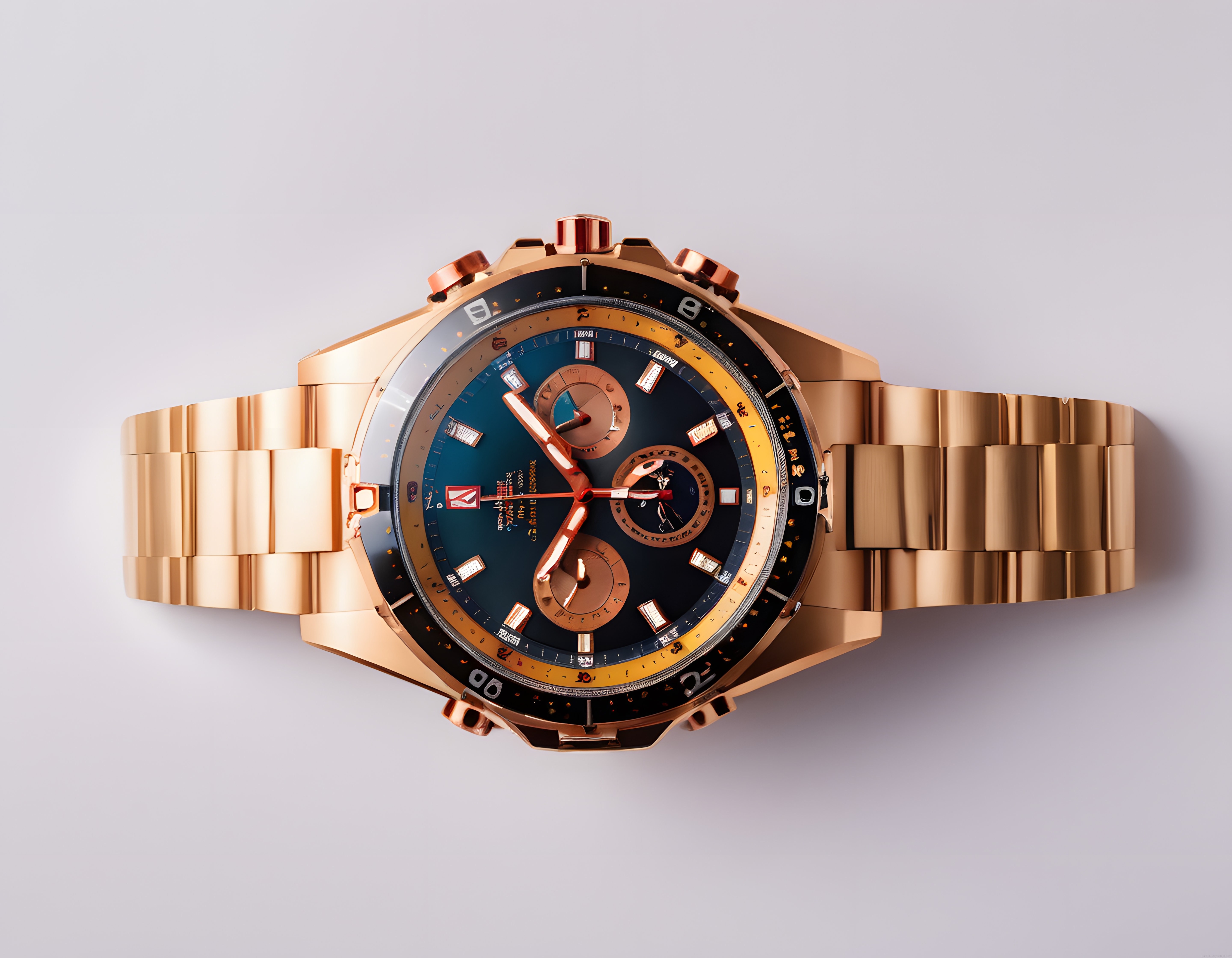 lüks rose gold erkek kronograf saati mavi kadran ve metal bilezik