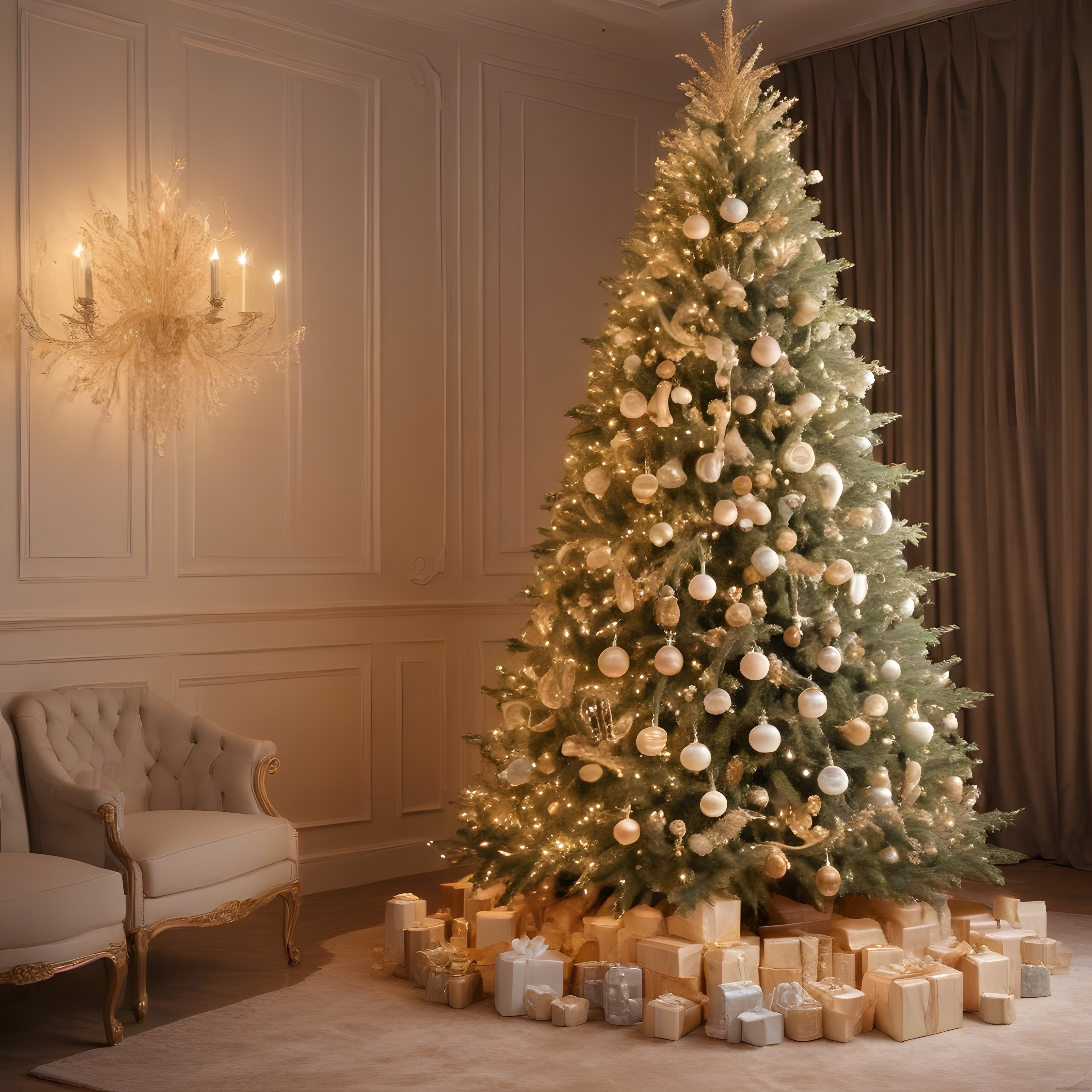 Lüks Salon Dekorasyonuyla Süslenmiş Işıltılı Noel Ağacı ve Hediyeler