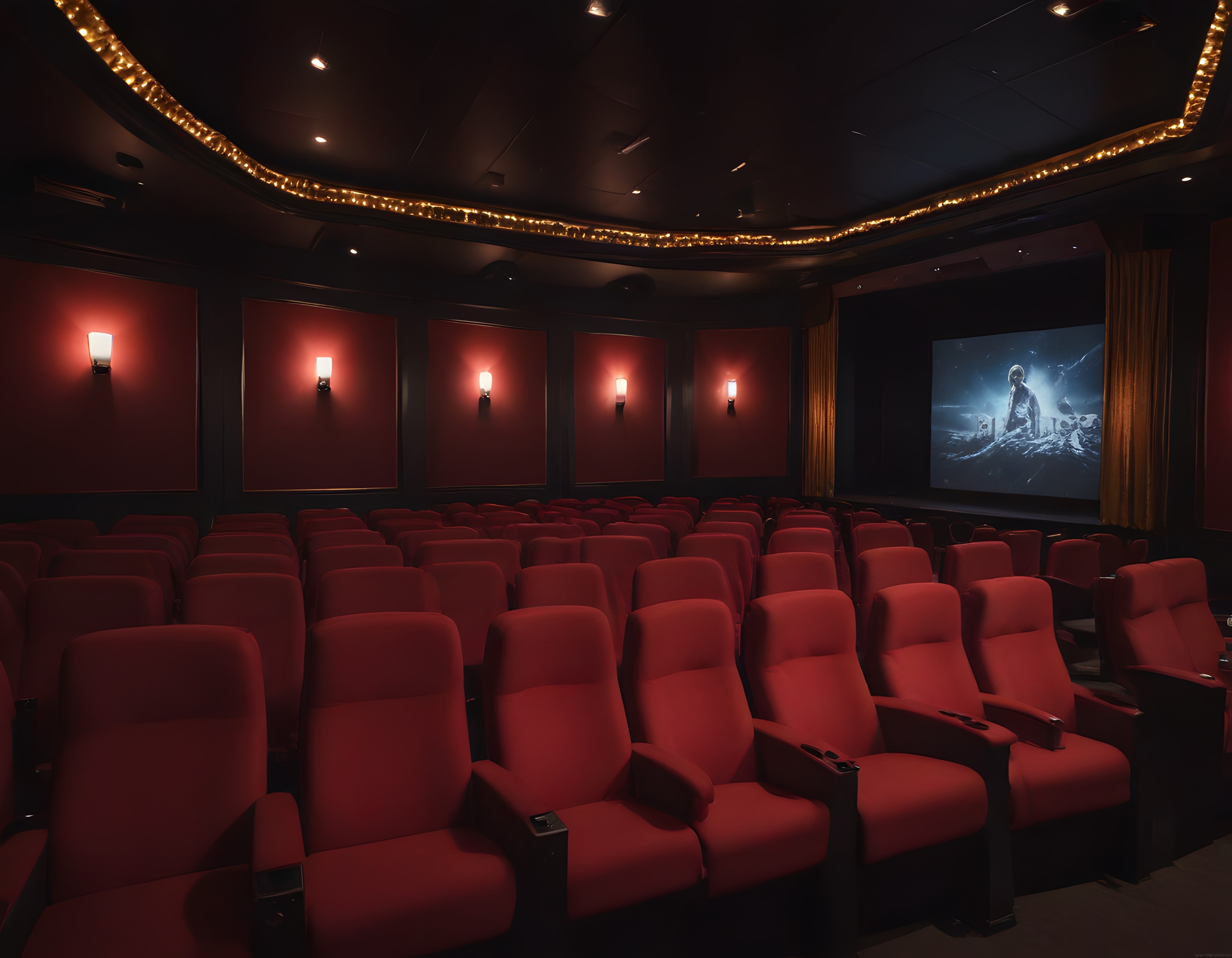 Lüks Sinema Salonu Atmosferi: Kırmızı Kadife Koltuklar ve Gizemli Film Görüntüsü