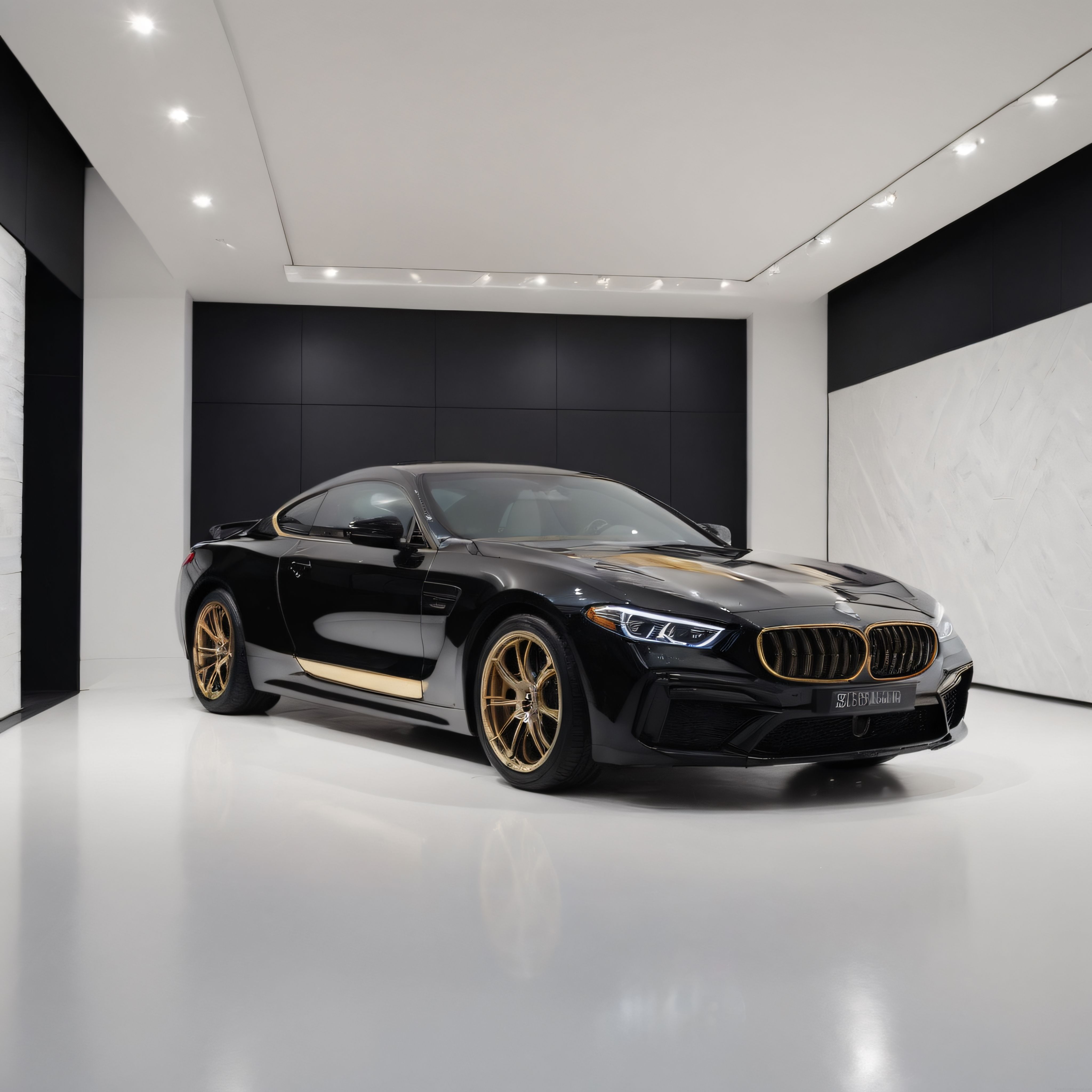 Lüks Siyah BMW M8 Gran Coupe Altın Detaylar ve Özel Jantlarla Showroomda