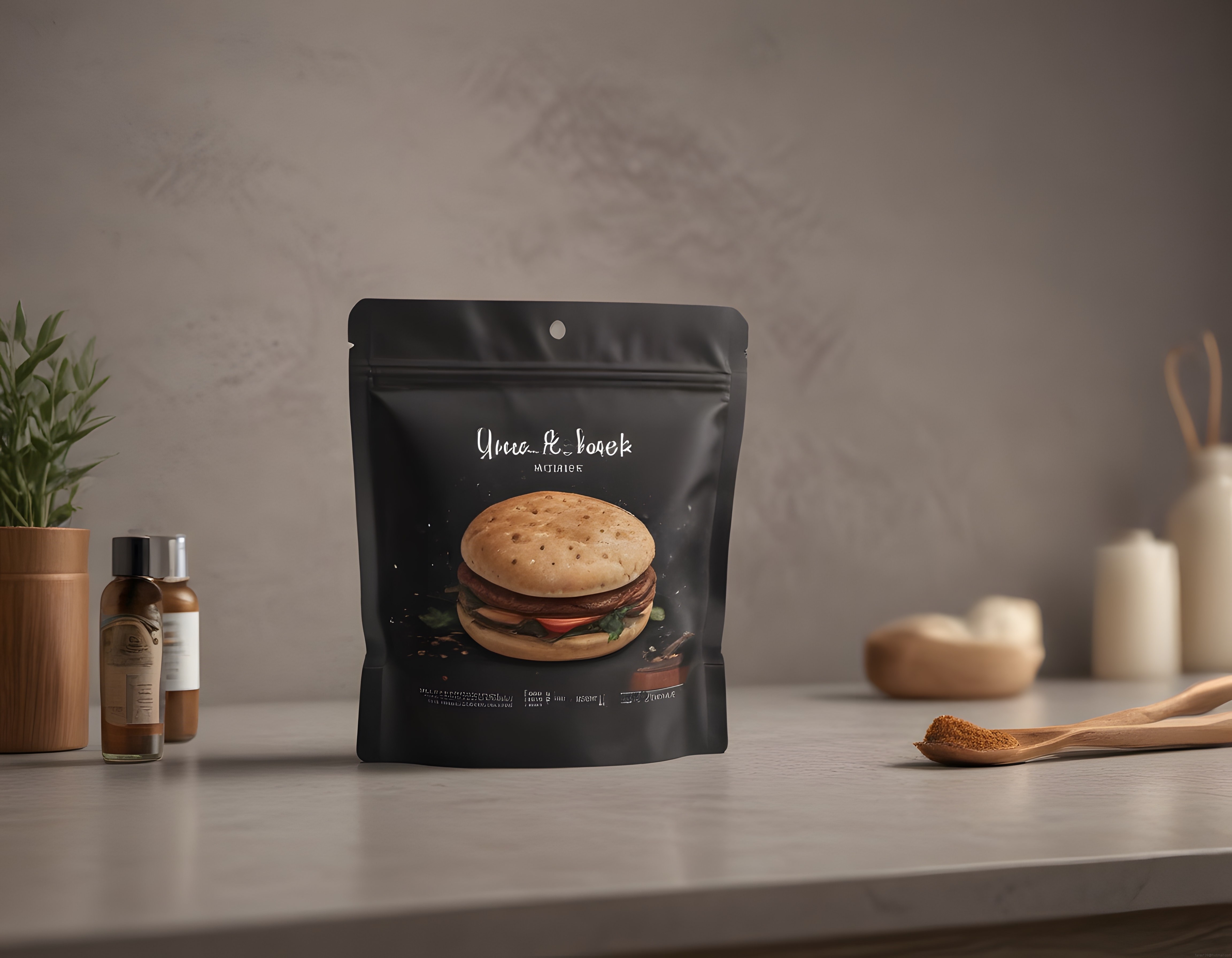 Lüks Siyah Pakette Burger Baskılı Doypack ve Doğal Mutfak Konsepti